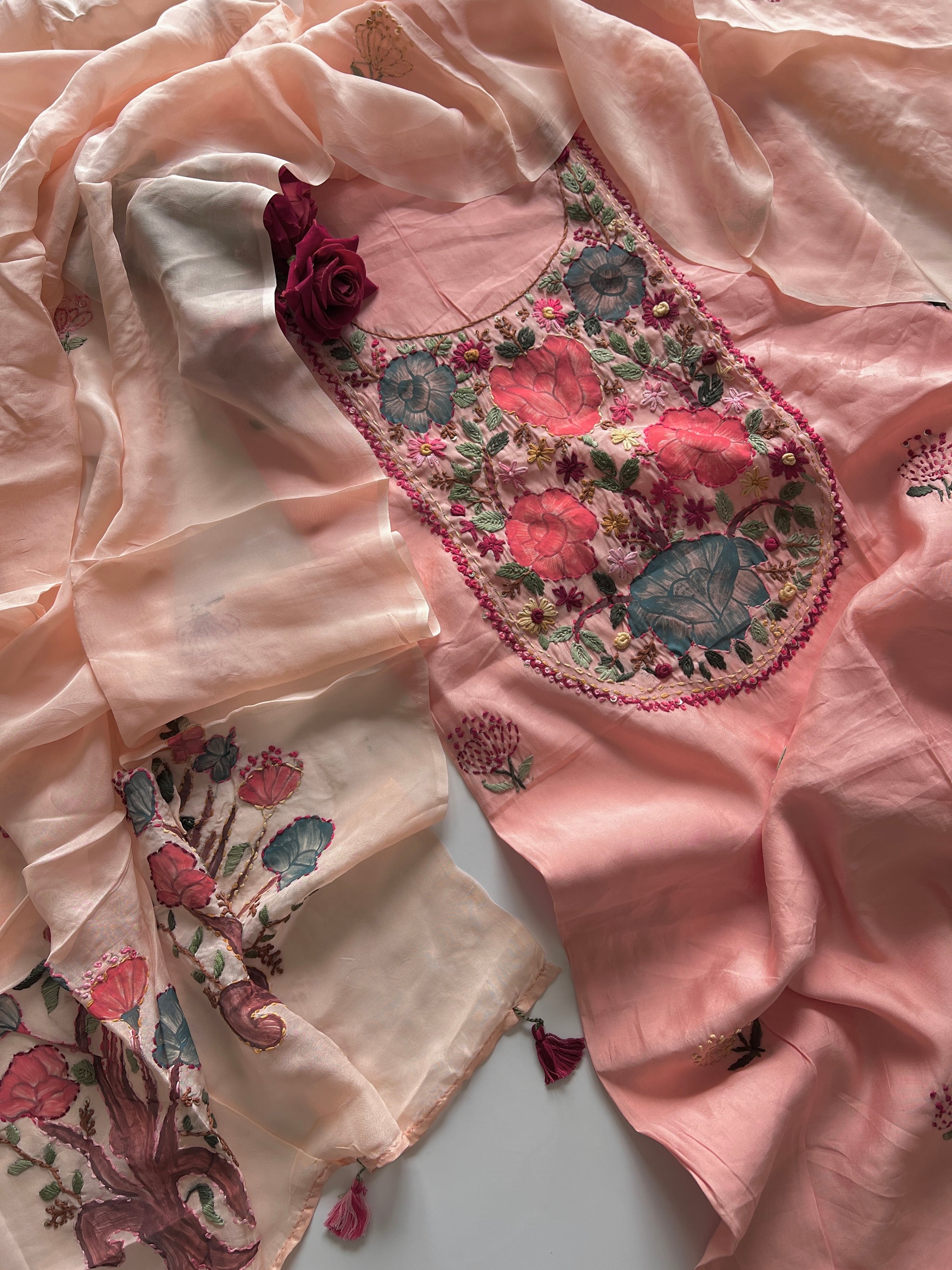 Knot embroidery Masleen Silk Designer Unstitched suit