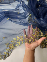 Navy Blue net soft dupatta with golden scallop border embroidery