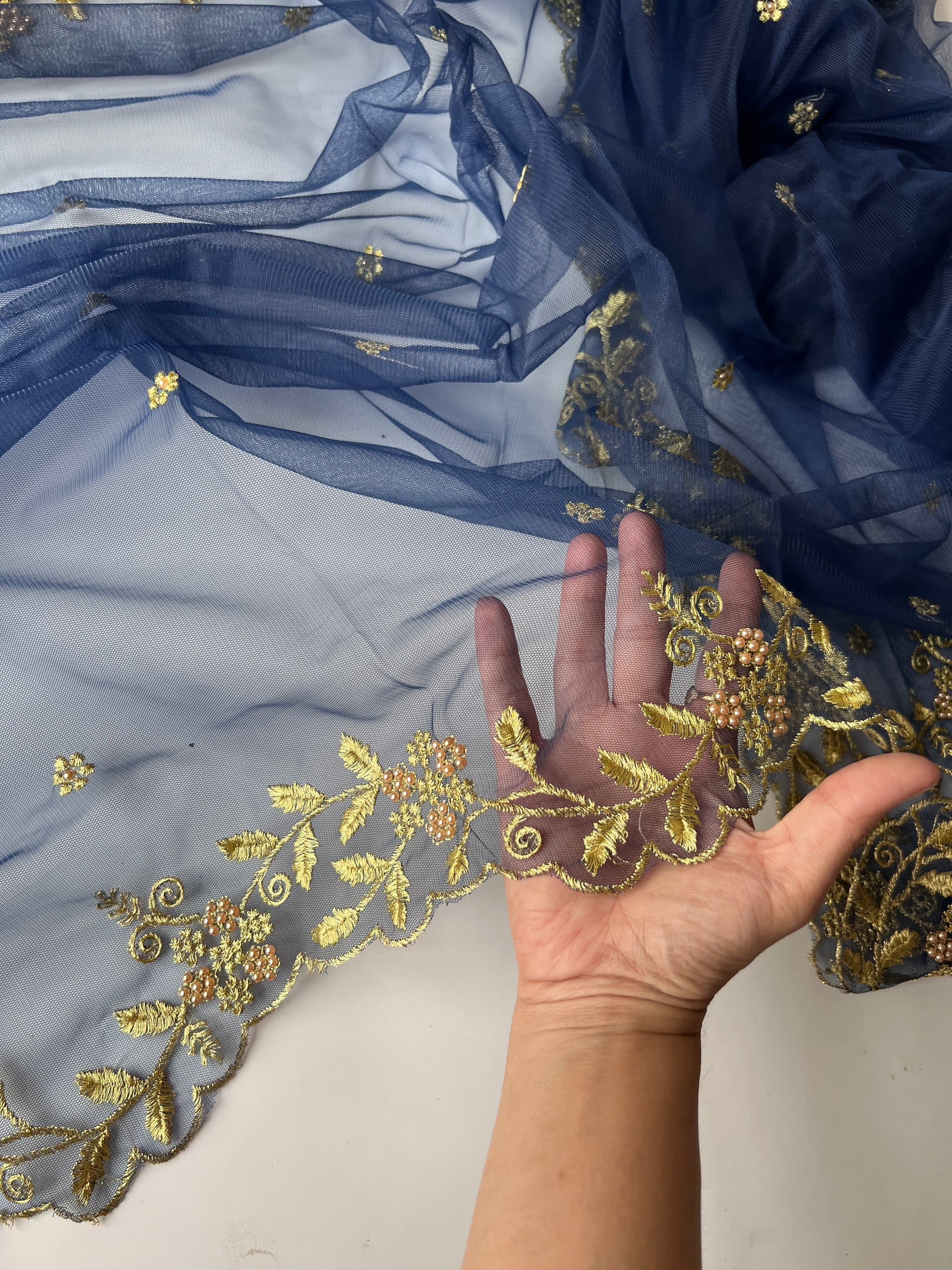 Navy Blue net soft dupatta with golden scallop border embroidery