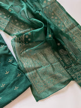Green Mul Chanderi dress material with mukaish