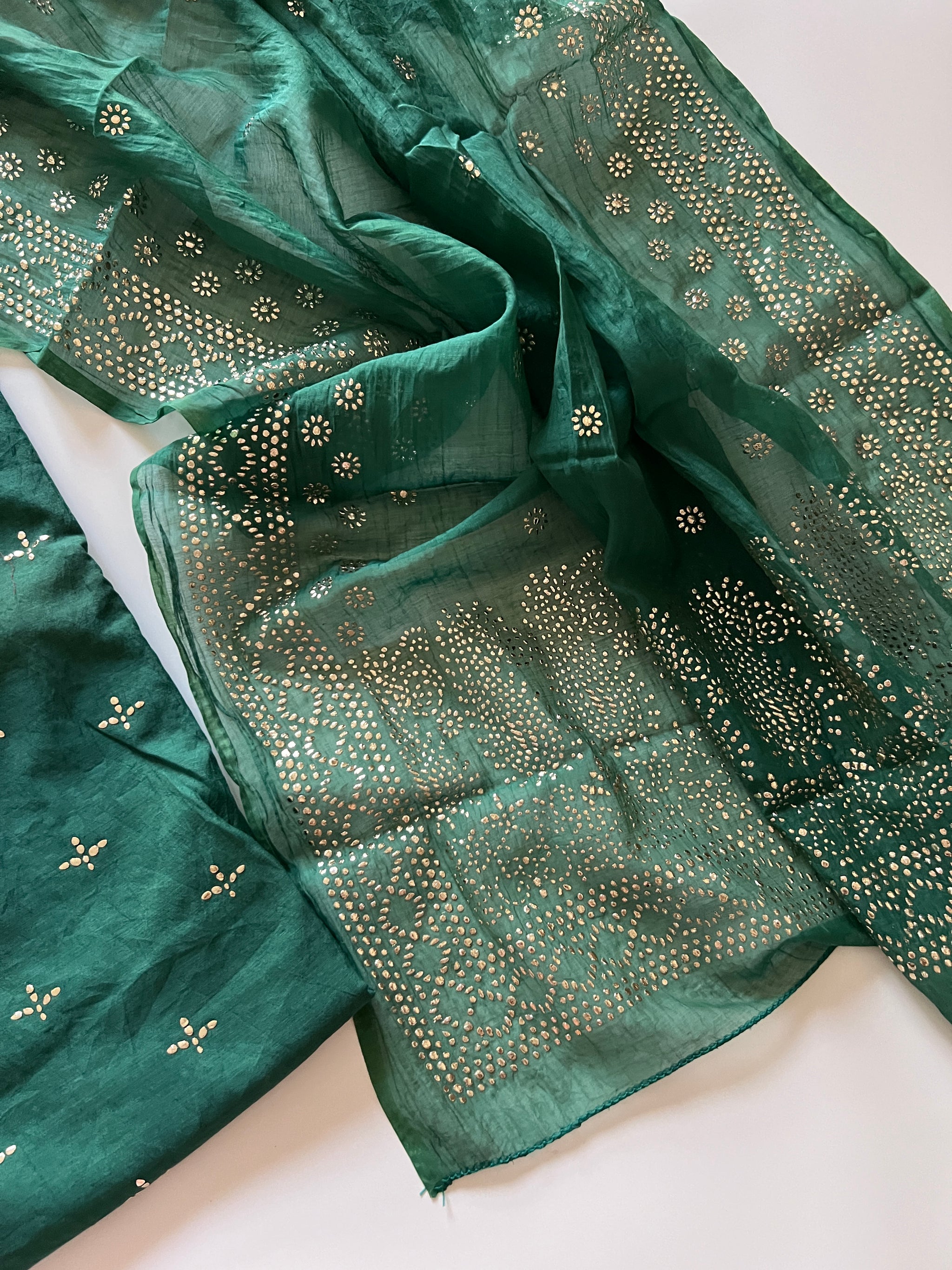 Green Mul Chanderi dress material with mukaish