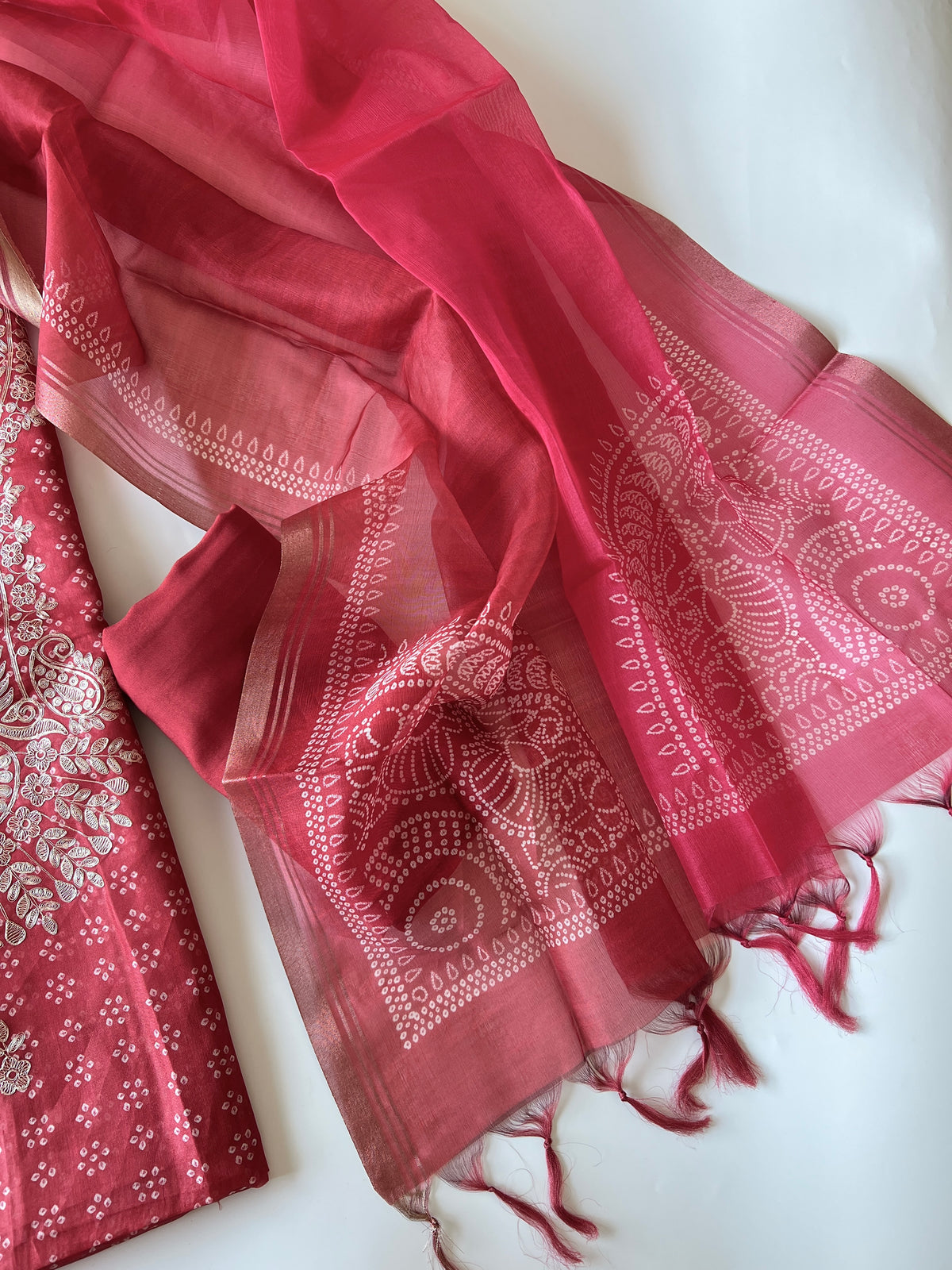 Red soft Organza crepe with Pitta work and bandej
