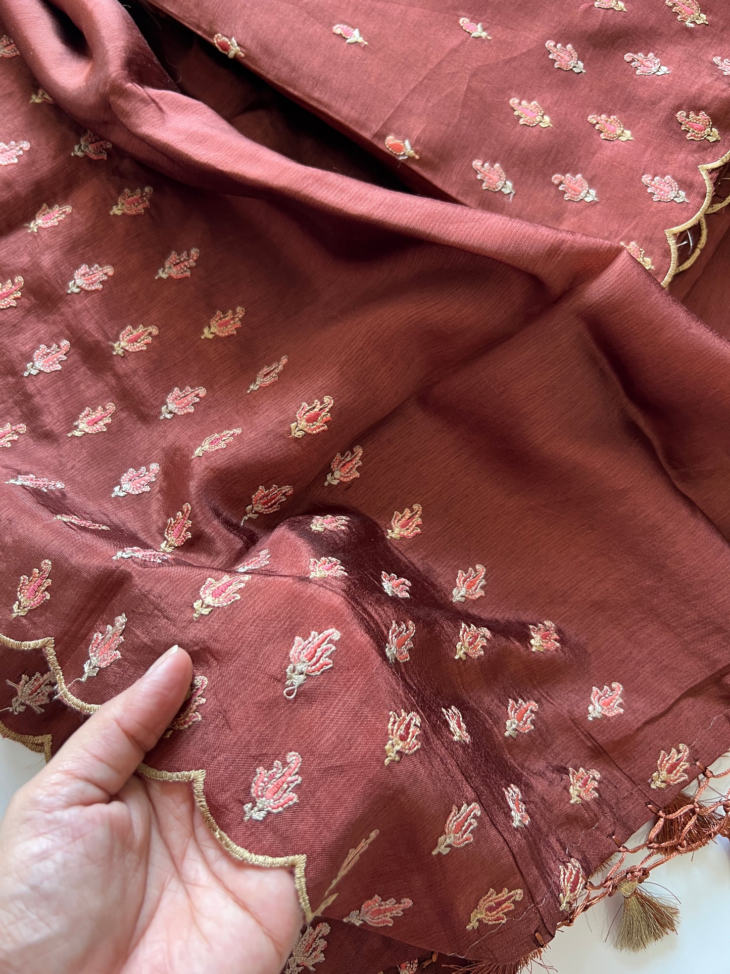 Brown Raw Mango handloom embroidered unstitched suit.