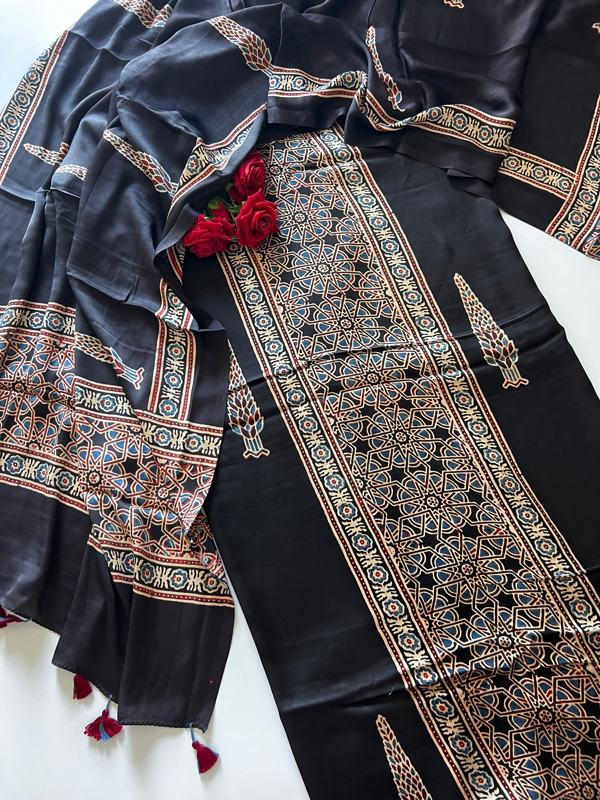 Black Original Handblock Ajrakh print on Modal fabric Unstitched suit set