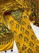 Yellow Original Handblock Ajrakh print on Modal fabric Unstitched suit set