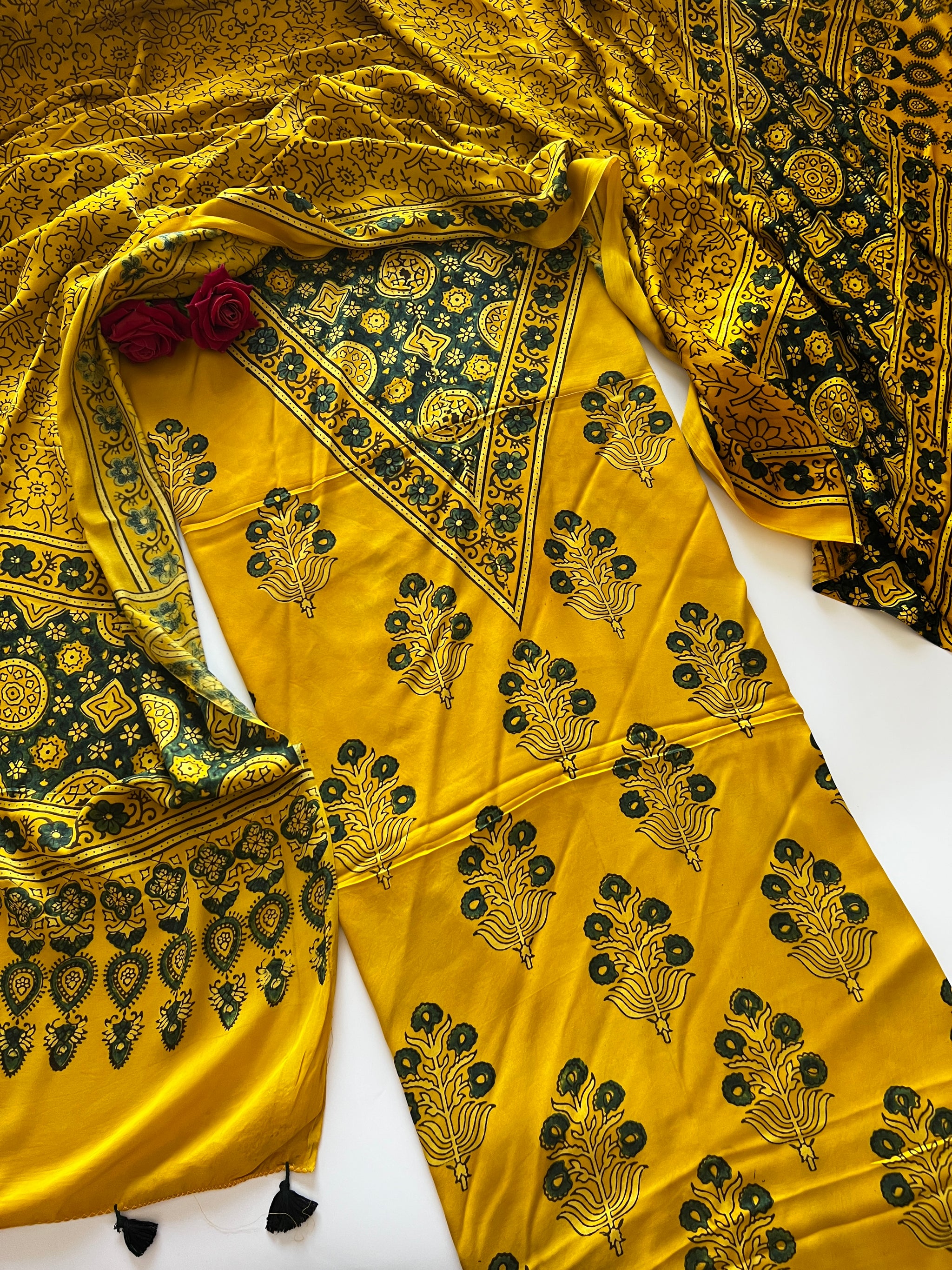 Yellow Original Handblock Ajrakh print on Modal fabric Unstitched suit set