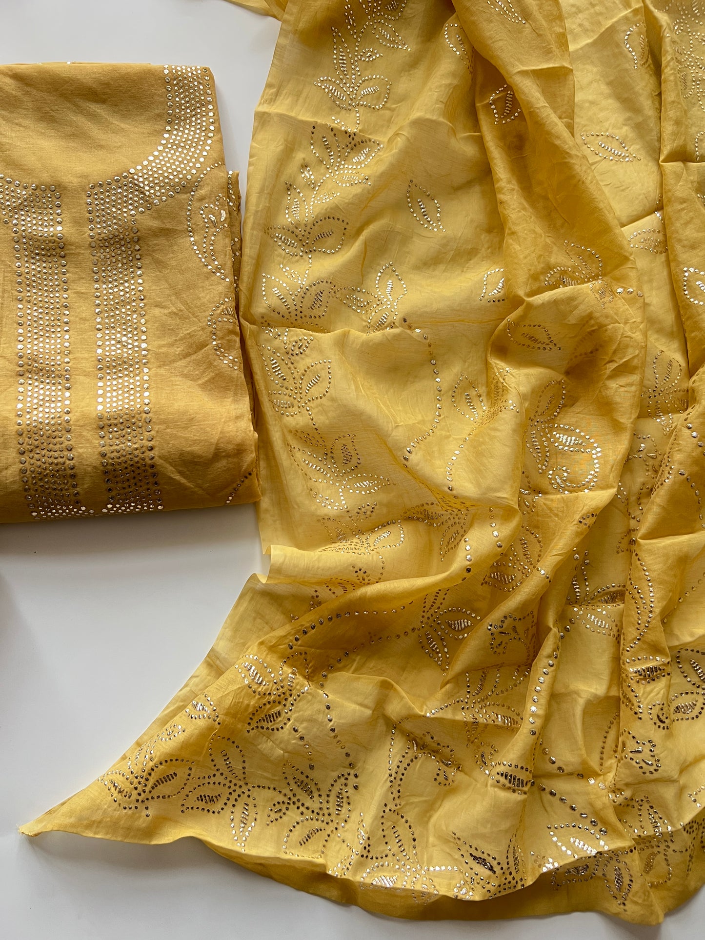 Yellow Mul Chanderi dress material with mukaish