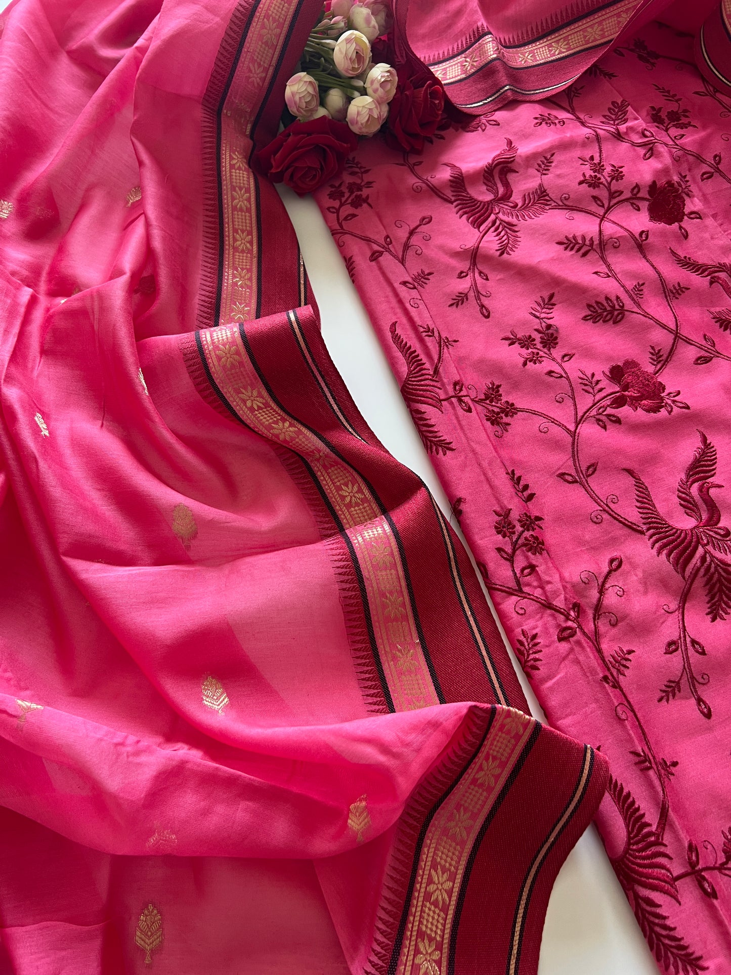 Pink Pure Chanderi Parsi Thread embroidered Unstitched Suit
