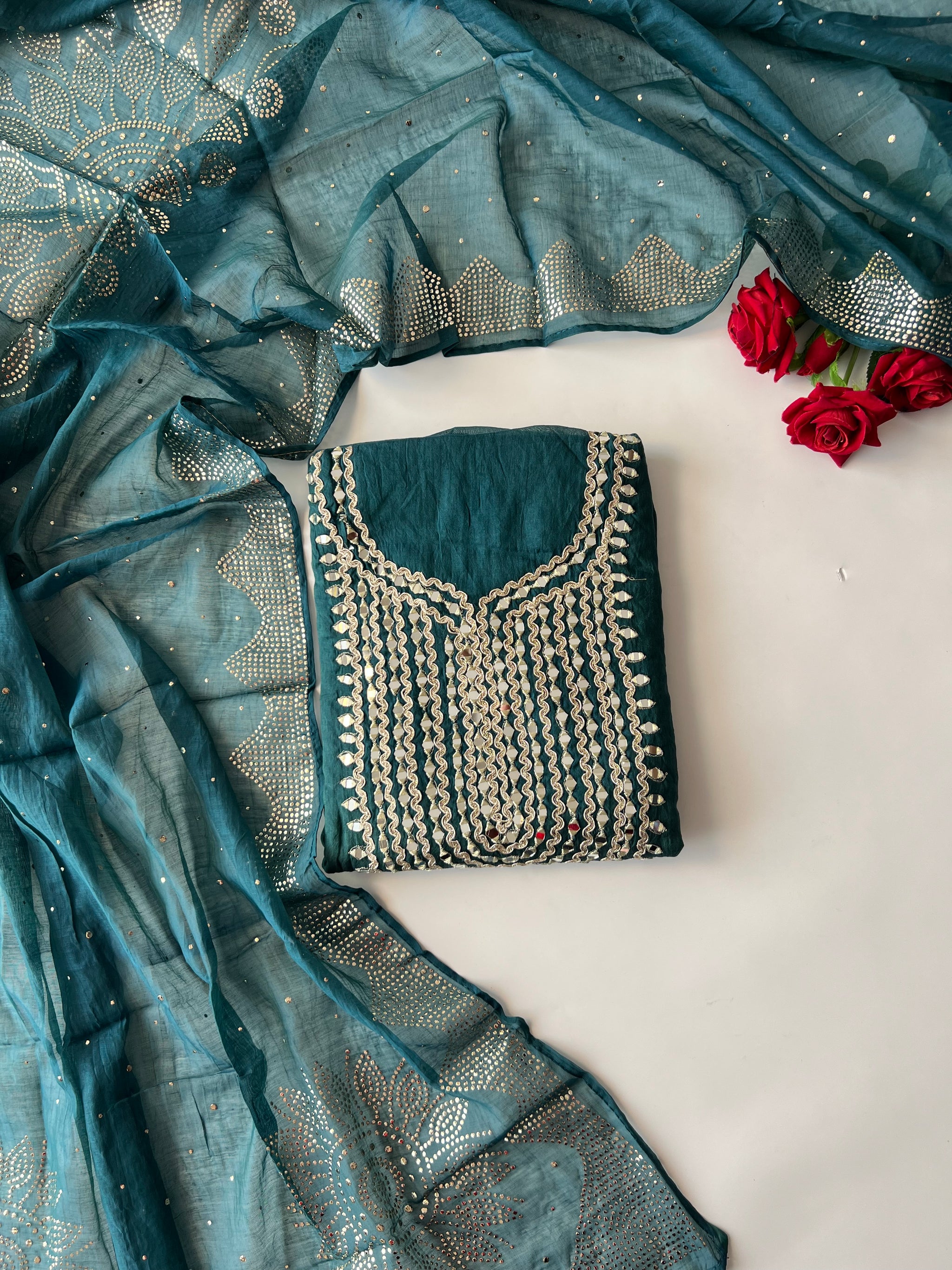 Mirror work on Mul Chanderi dress material with mukaish work dupatta