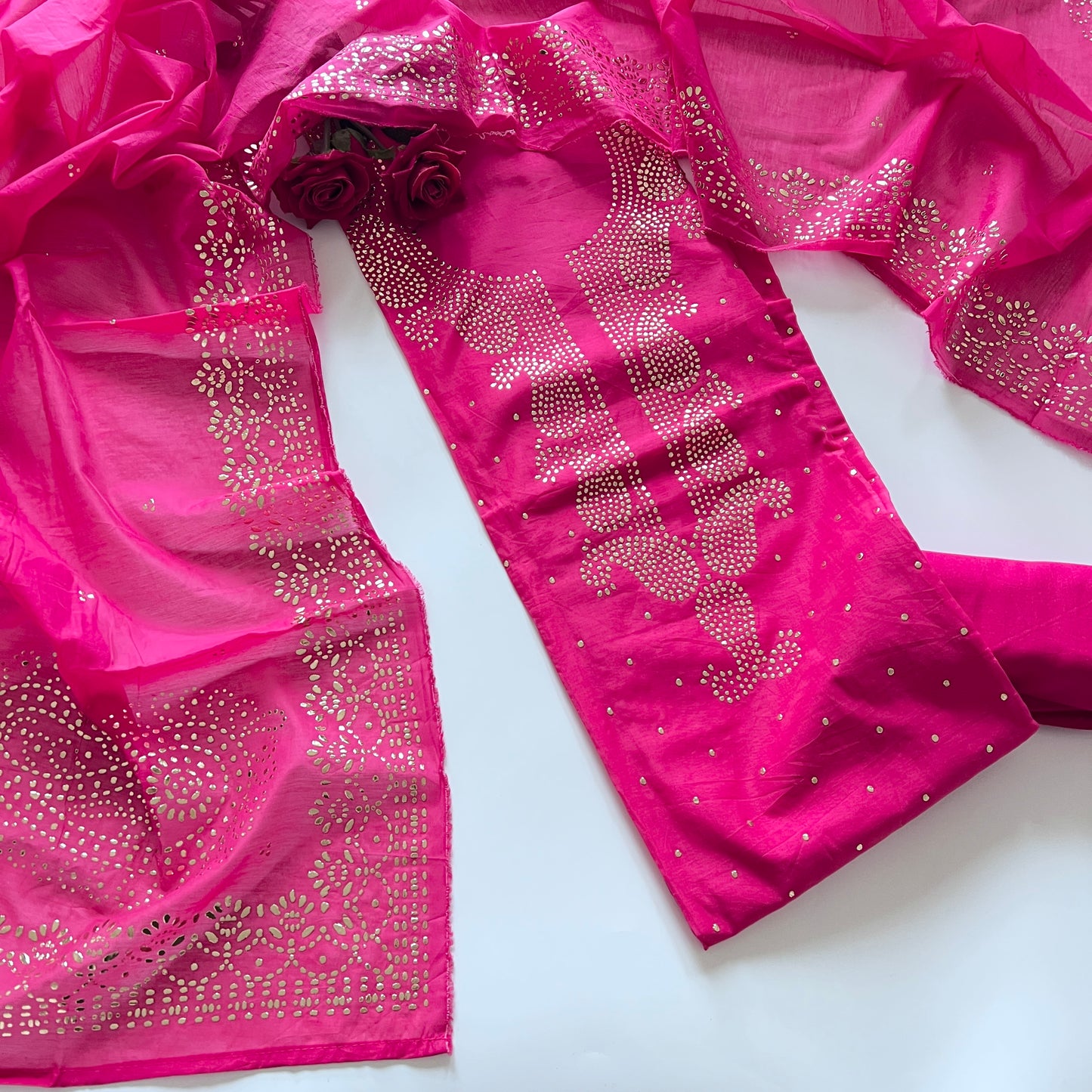 Pink Mul Chanderi dress material with mukaish -Paisley
