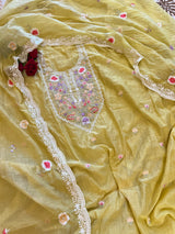 Yellow Mul Chanderi Thread embroidered Unstitched Suit