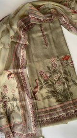 Shimmer Linen Unstitched Salwar Suit with Knot Embroidery and Bird Floral Print