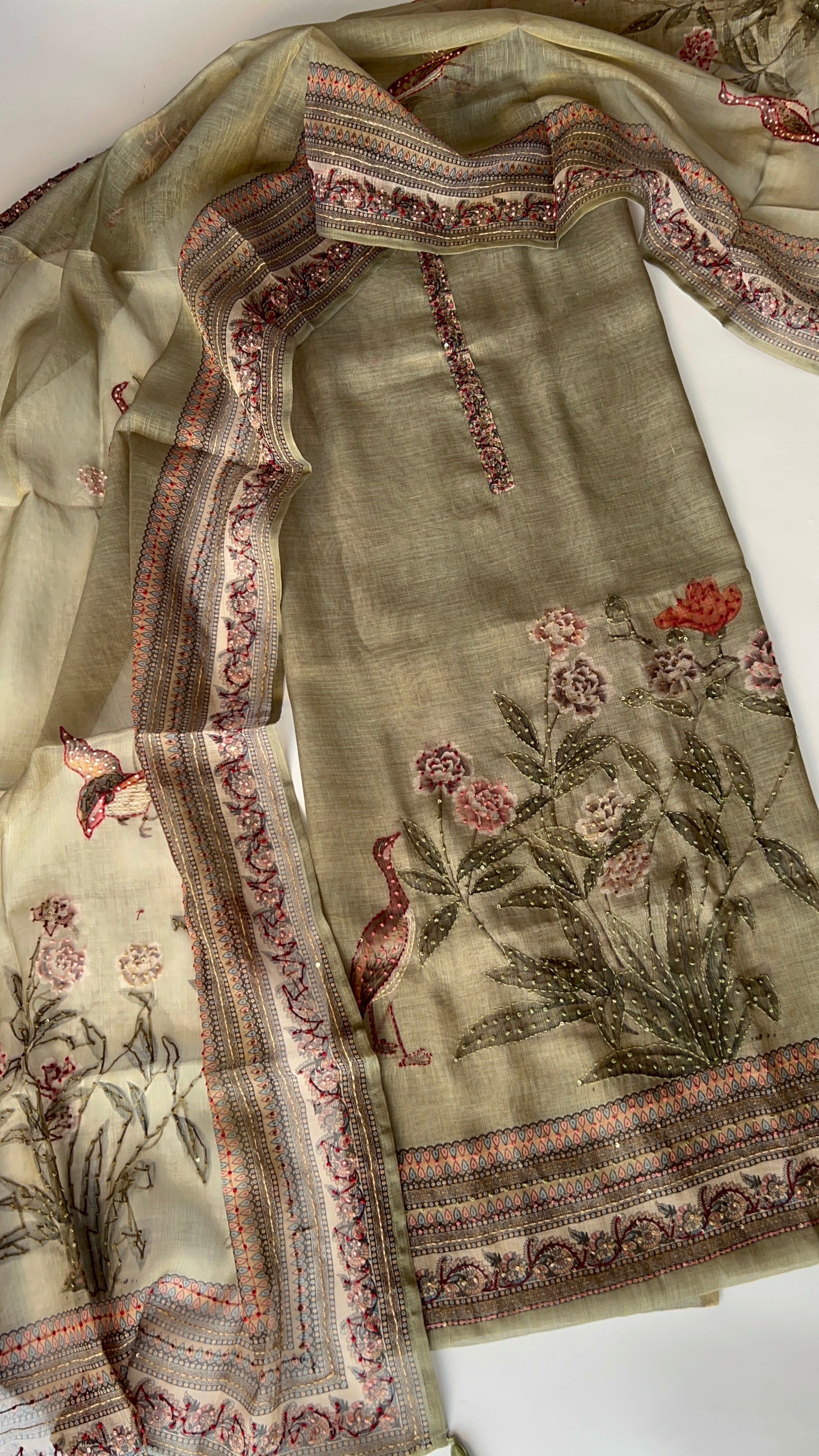 Shimmer Linen Unstitched Salwar Suit with Knot Embroidery and Bird Floral Print