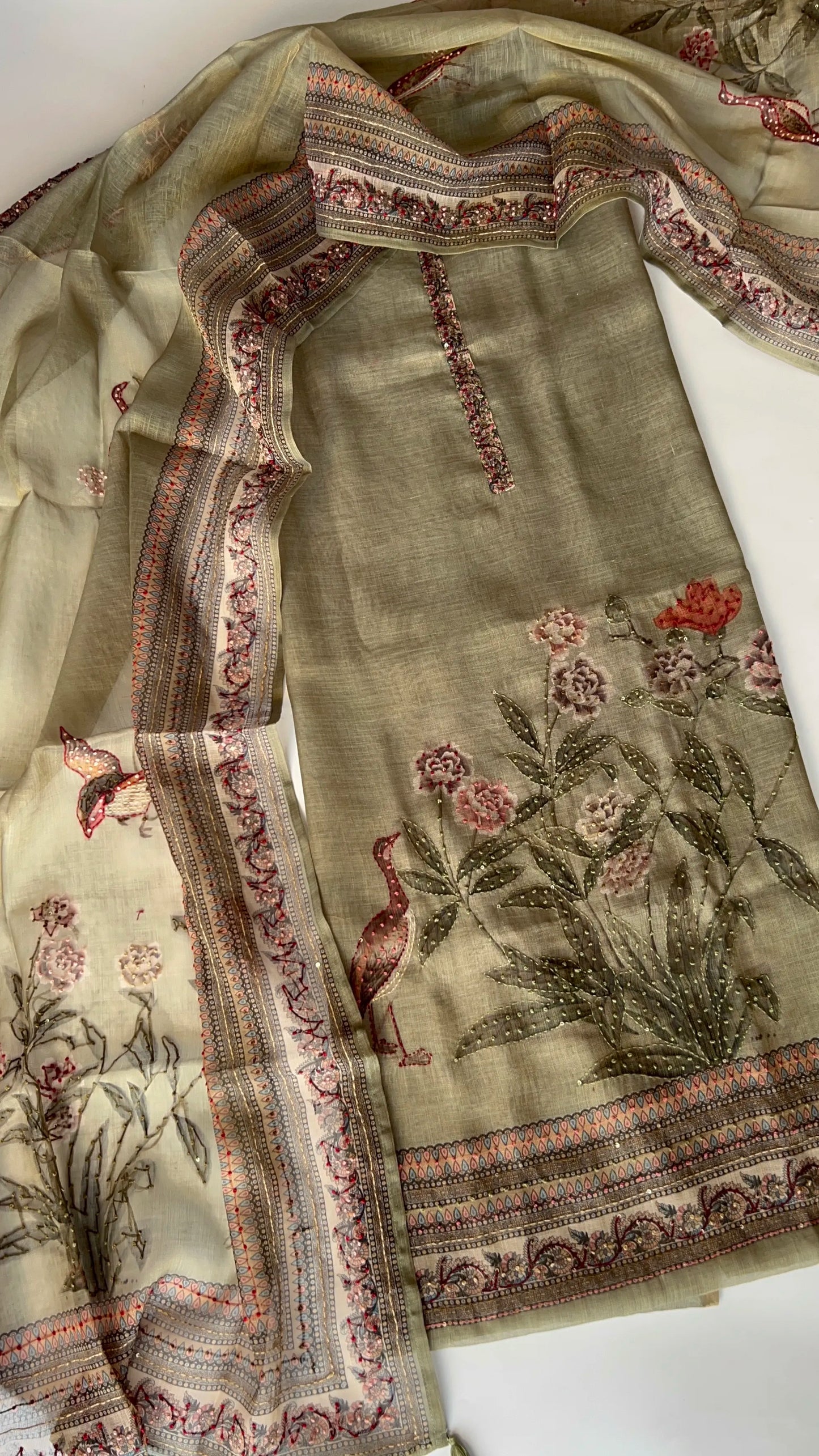 Shimmer Linen Unstitched Salwar Suit with Knot Embroidery and Bird Floral Print