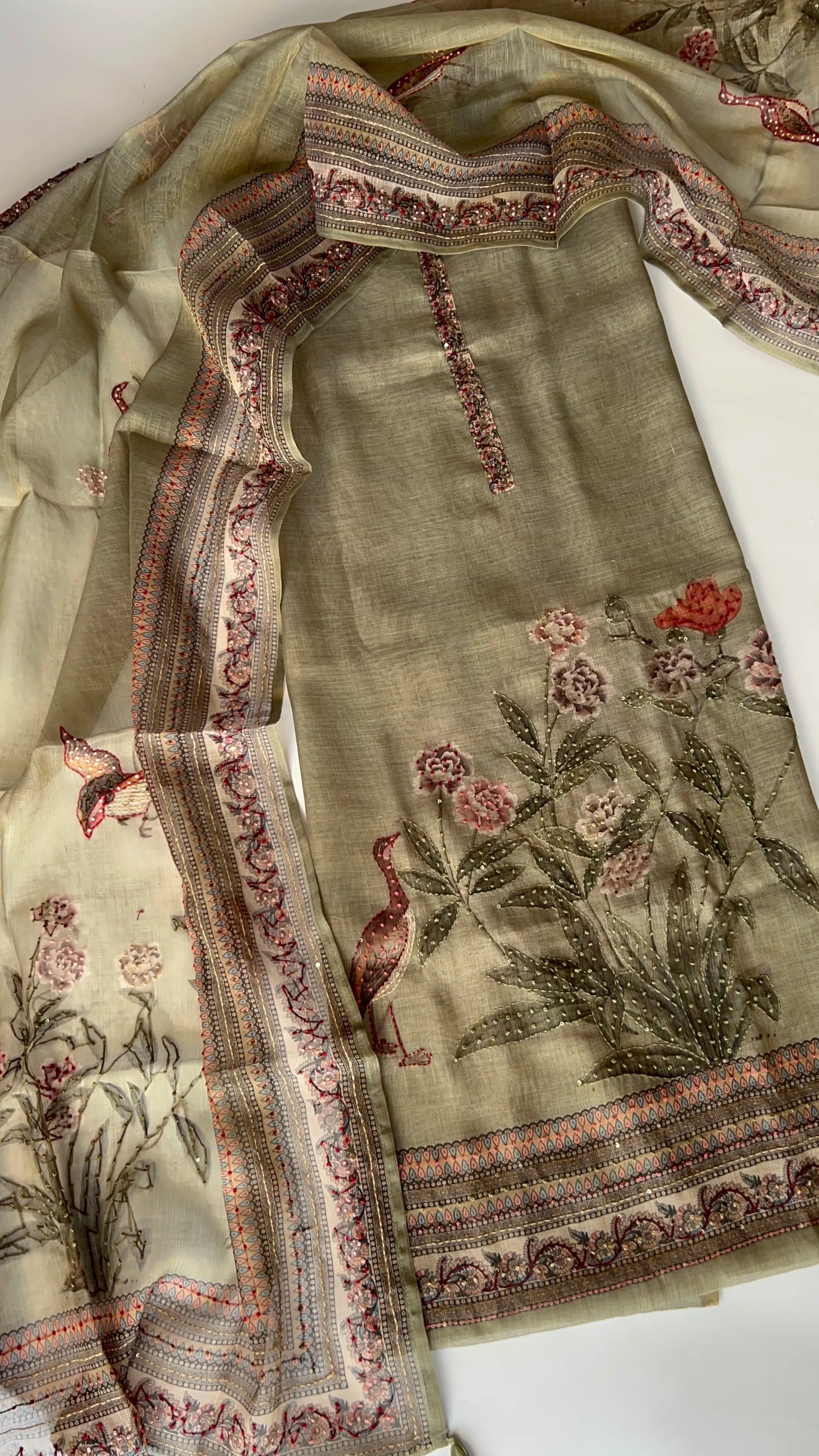 Shimmer Linen Unstitched Salwar Suit with Knot Embroidery and Bird Floral Print