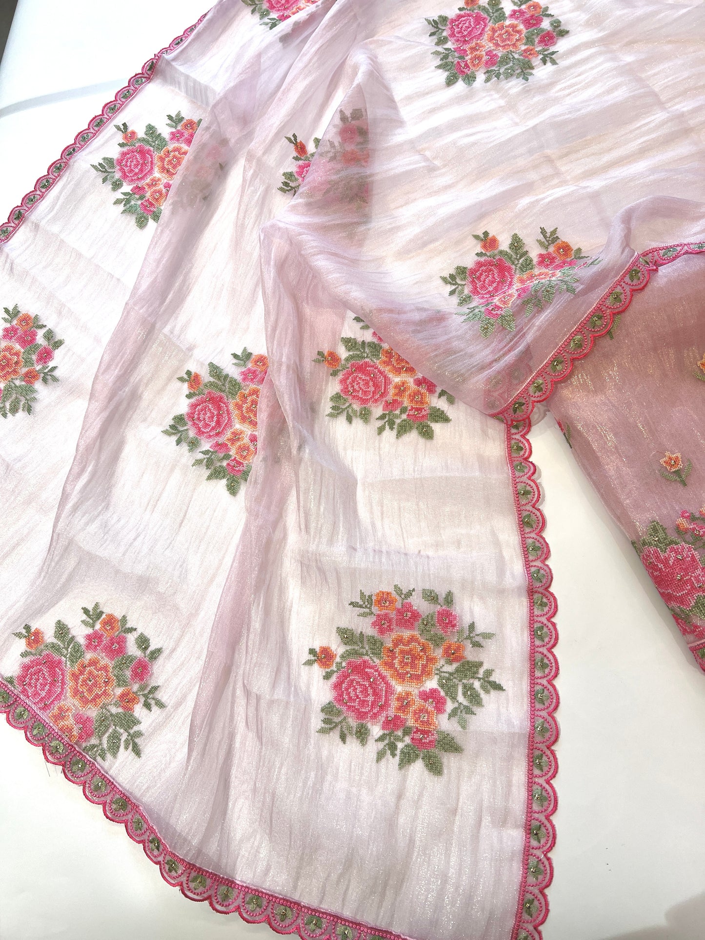 Pink Glass tissue with floral cross stitch embroidery dress material