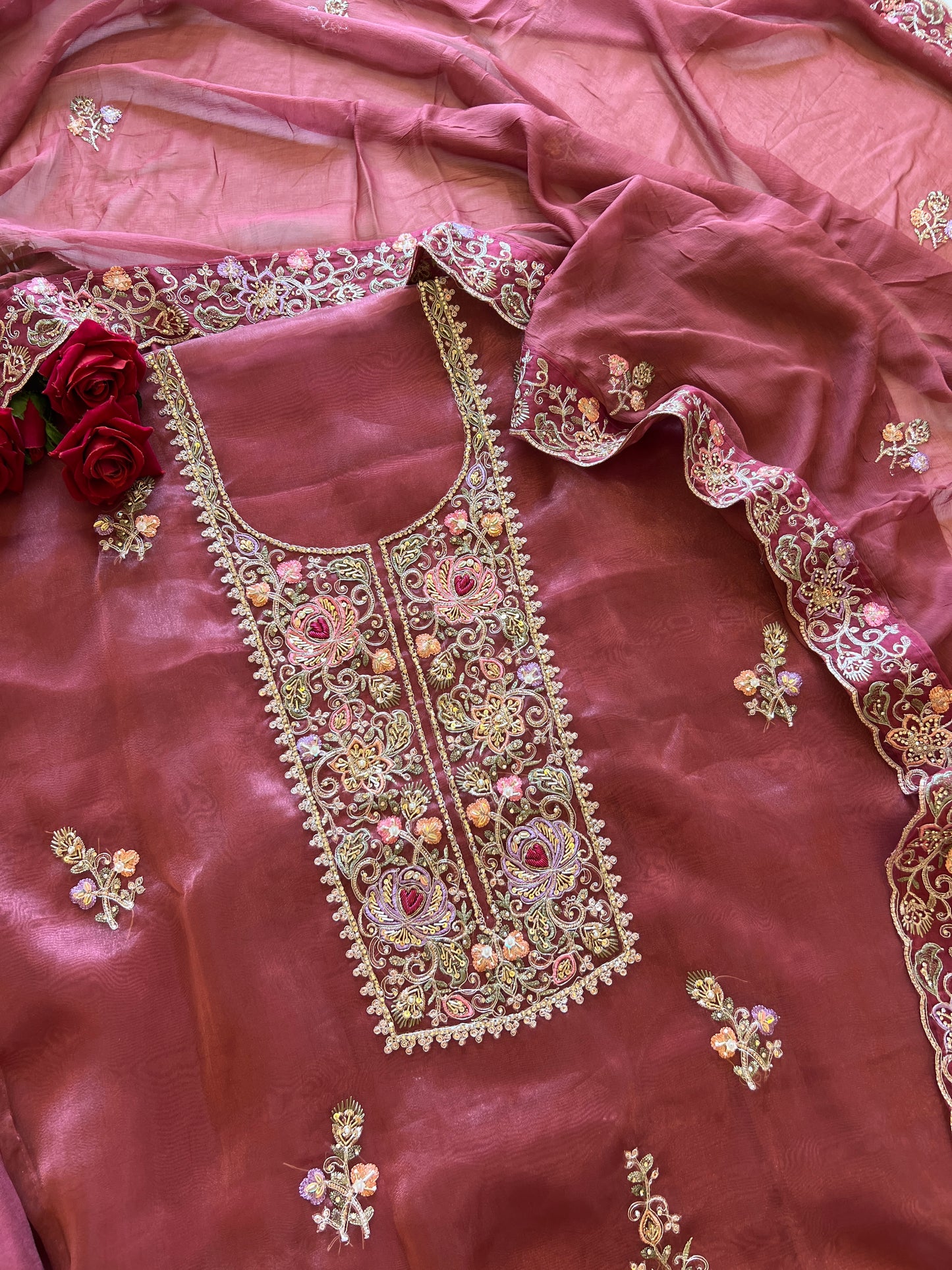 Tissue partywear embroidered suit set unstitched