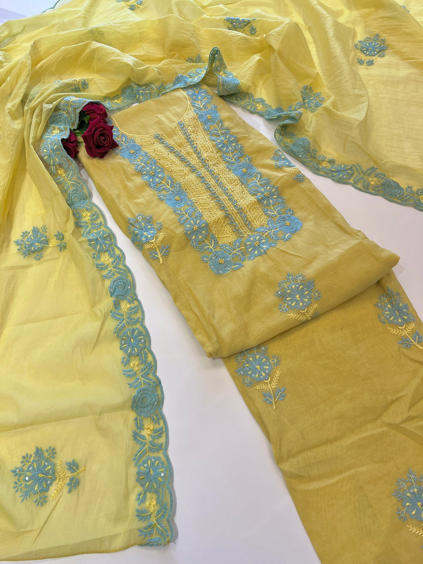 Yellow Mul Chanderi embroidered Unstitched Suit