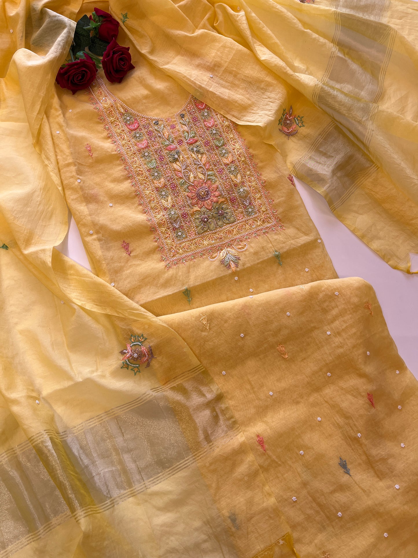 Yellow Mul handwork chikankari Kurta Dupatta set