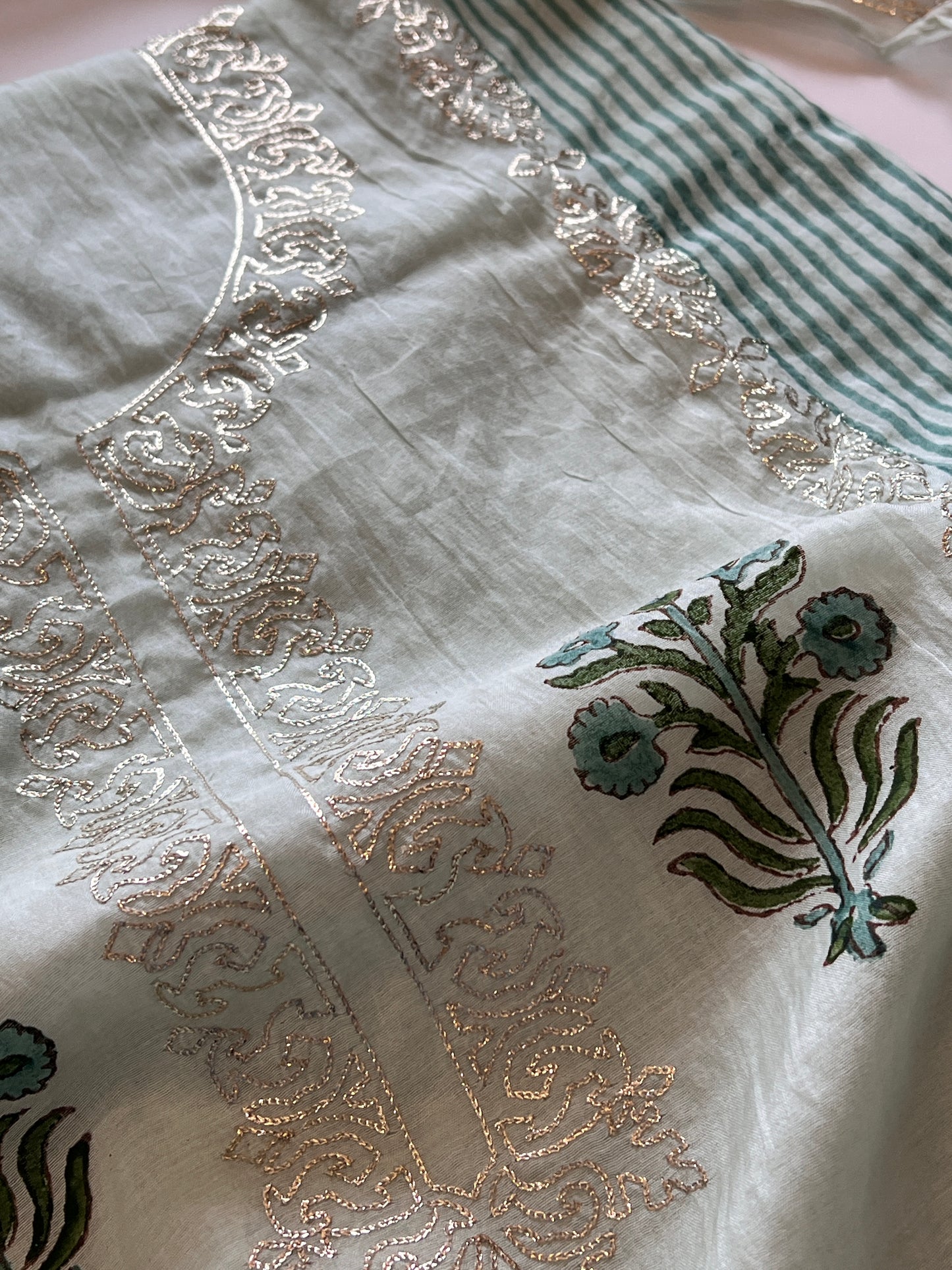 Blue Block print and pitta work on Mul Chanderi dunstitched Suit set