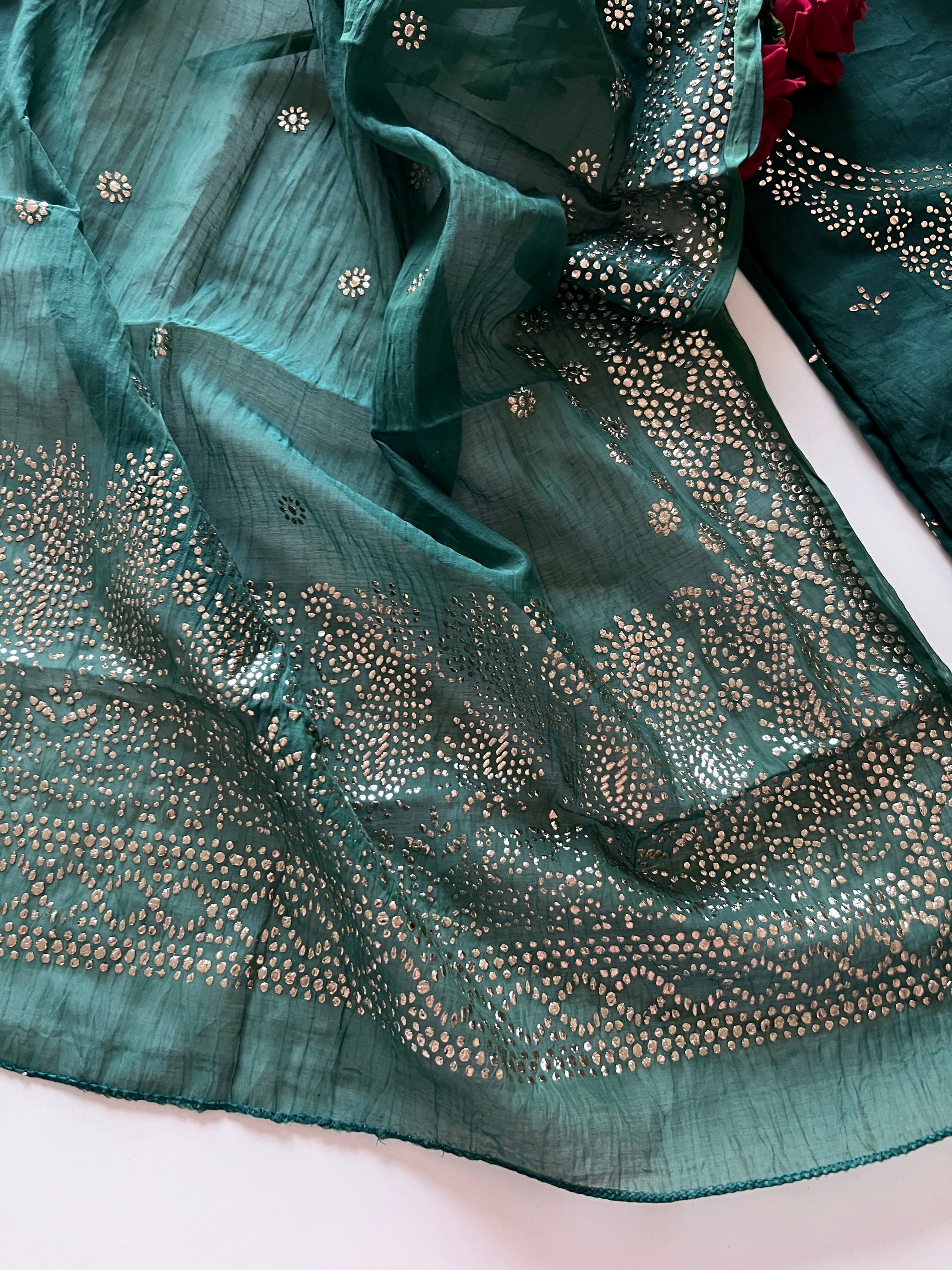 Green Mul Chanderi dress material with mukaish