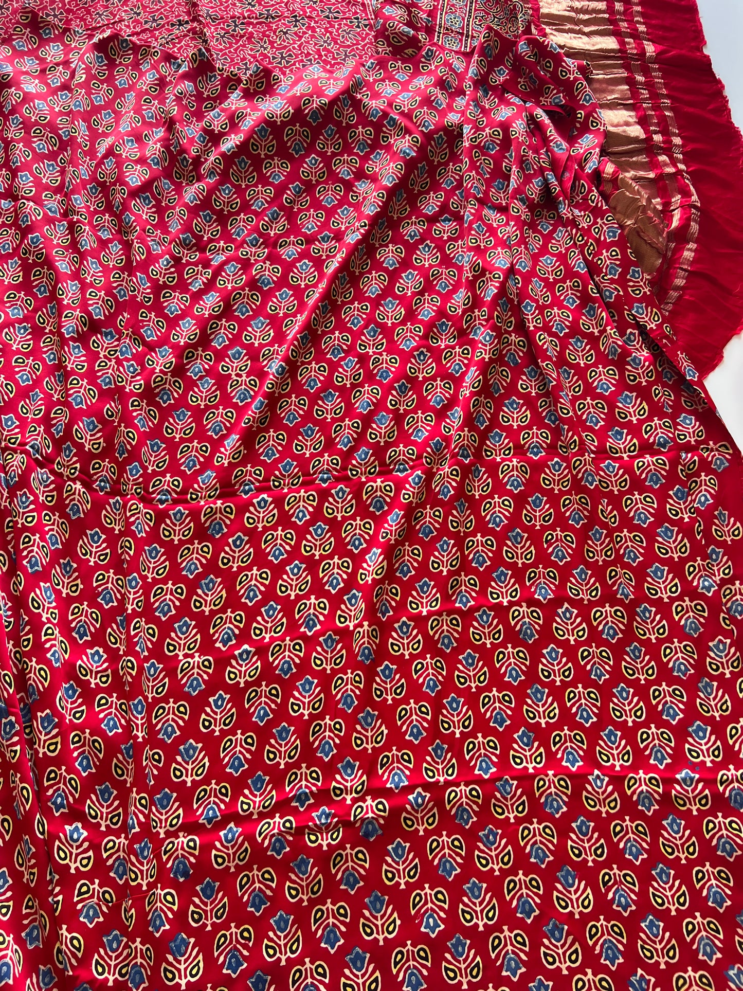 Red Ajrakh Handblock print 3 pc fabric Unstitched suit set