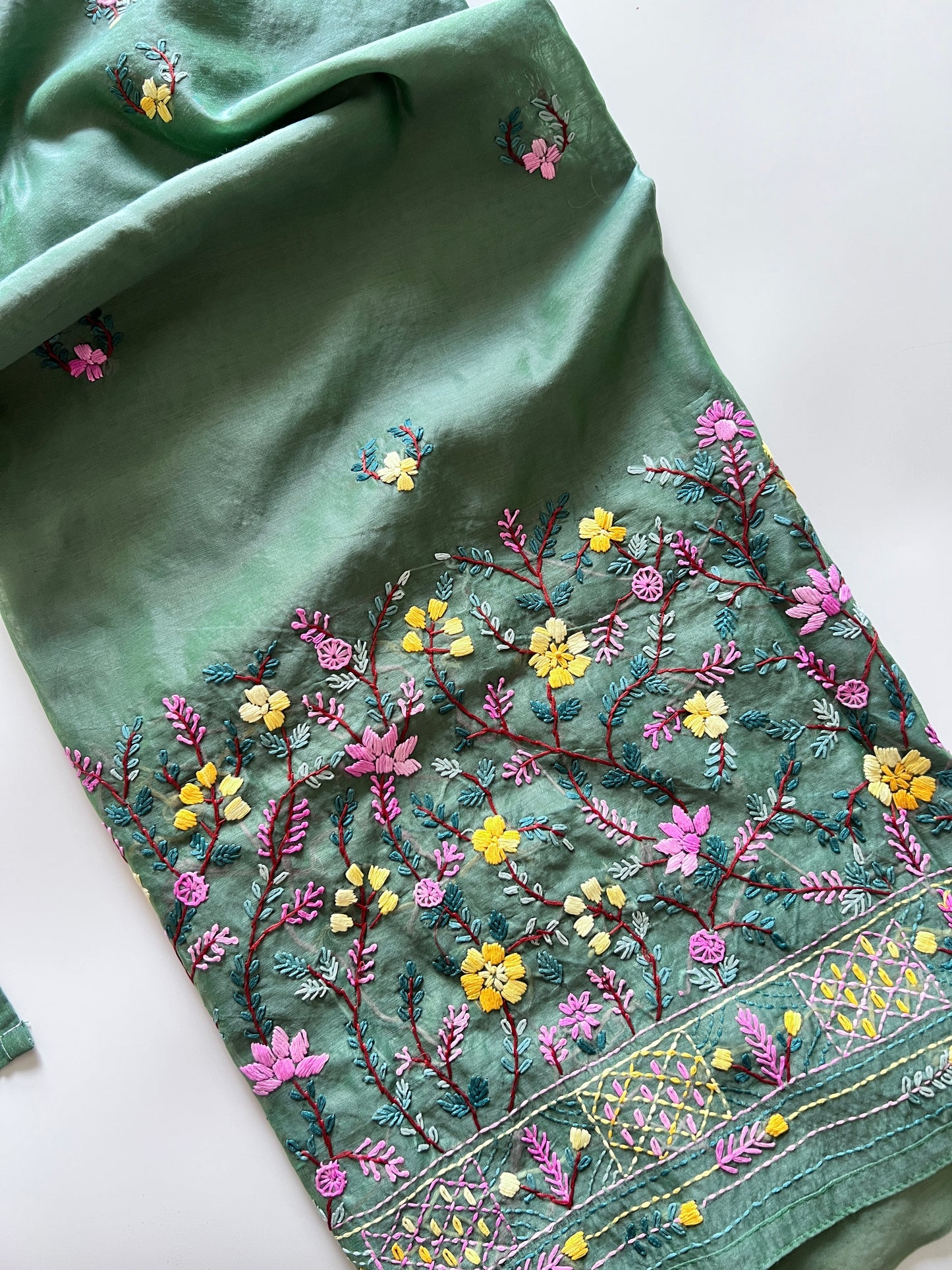 Green Knot embroidery Unstitched suit material 2 pc
