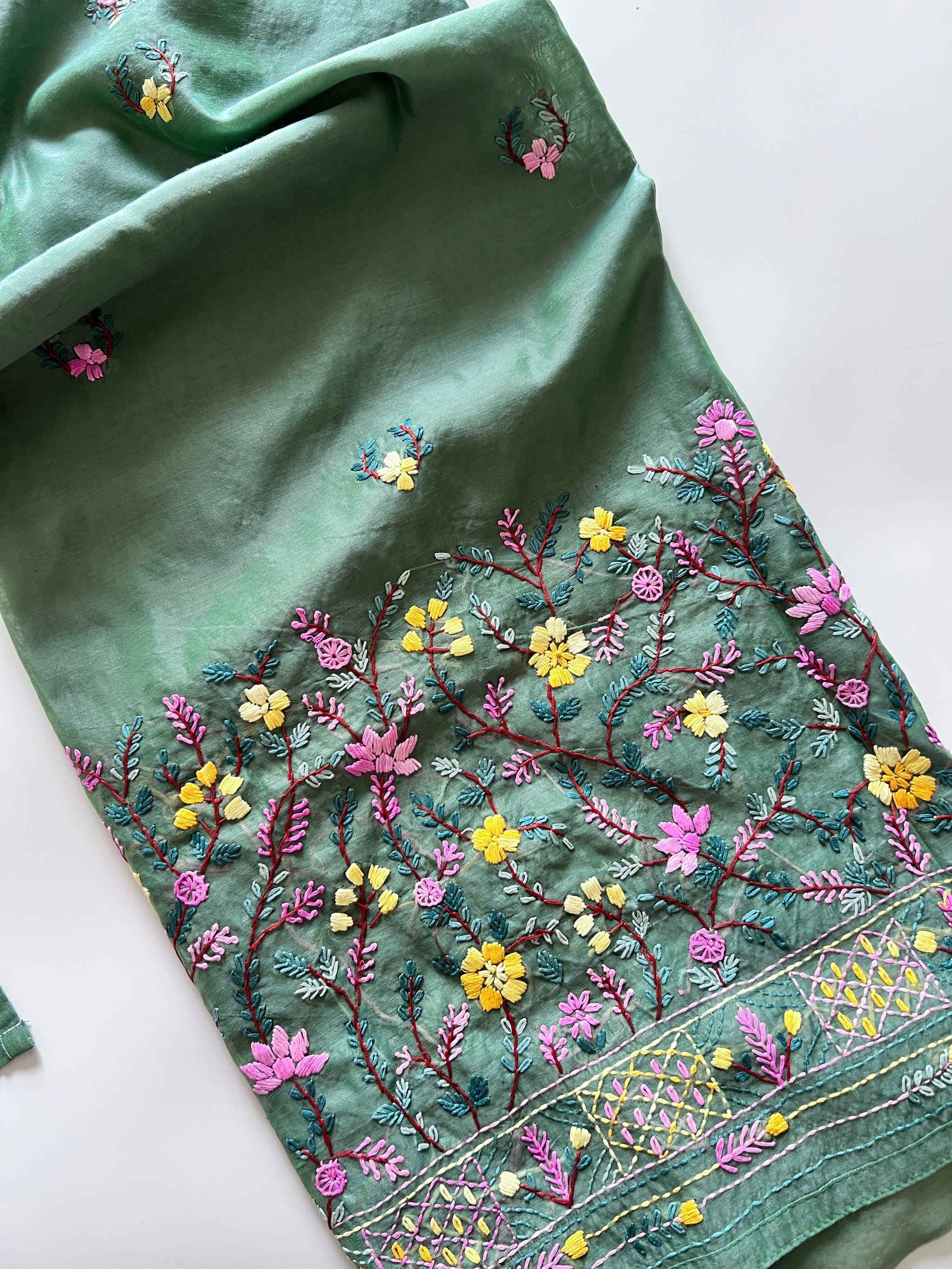 Green Knot embroidery Unstitched suit material 2 pc