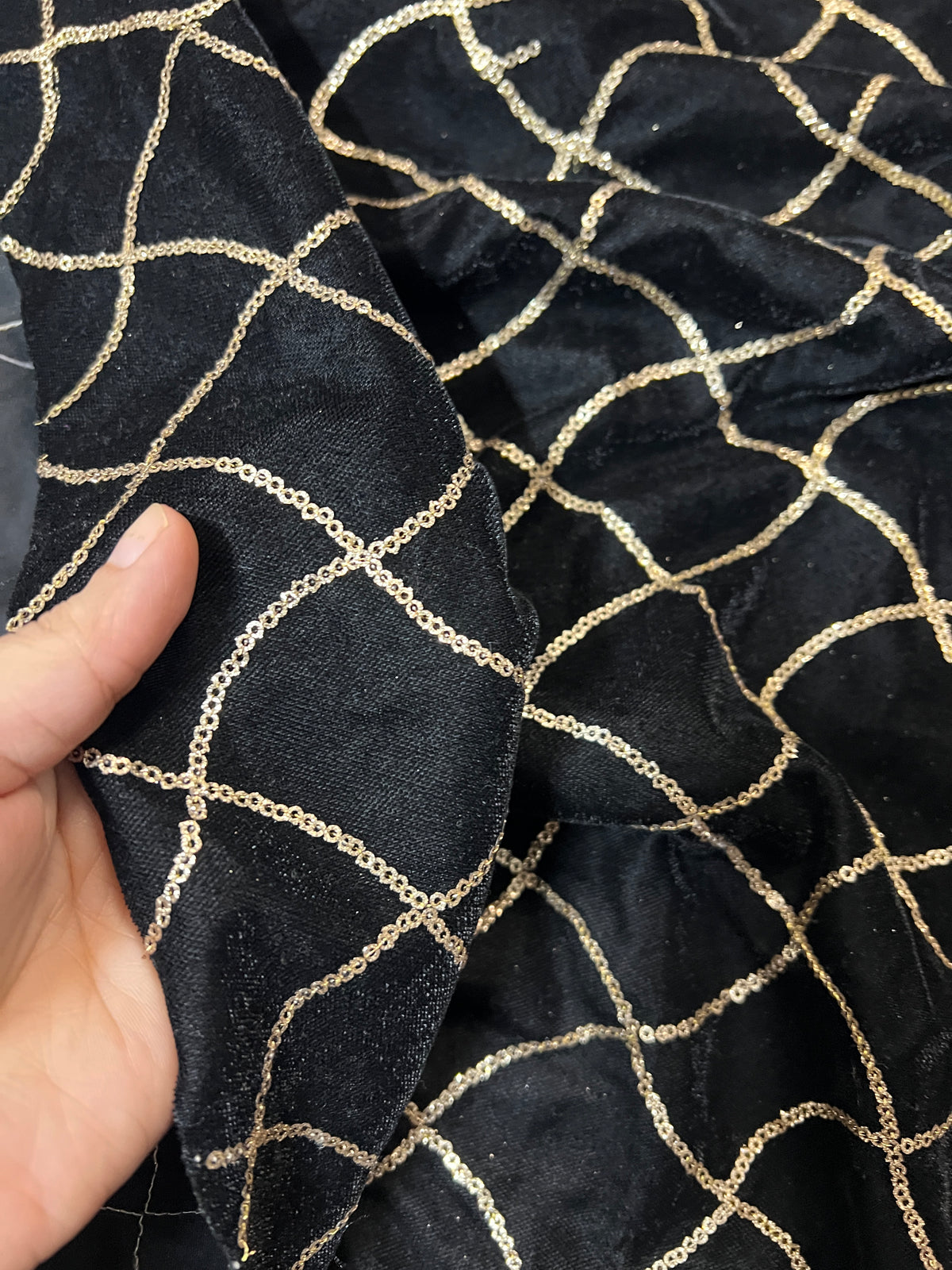 Black velvet sequin embroidered fabric