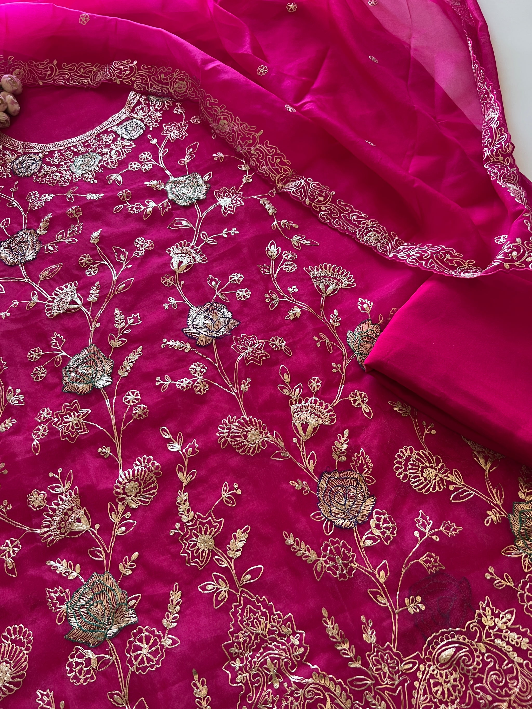 Pure Silk Organza Full embroidered premium unstitched suit in Hot Pink