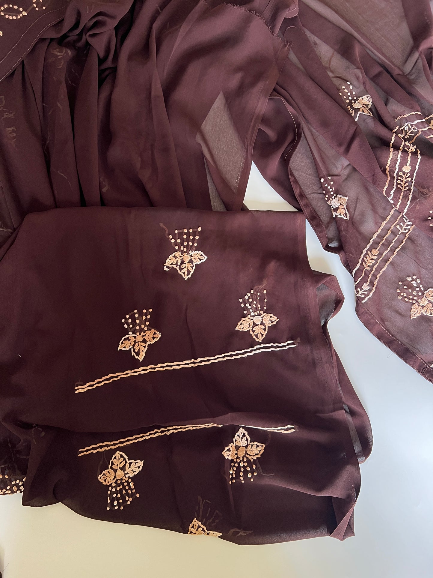 Brown Georgette Knot Embroidery Unstitched suit set 3 pc
