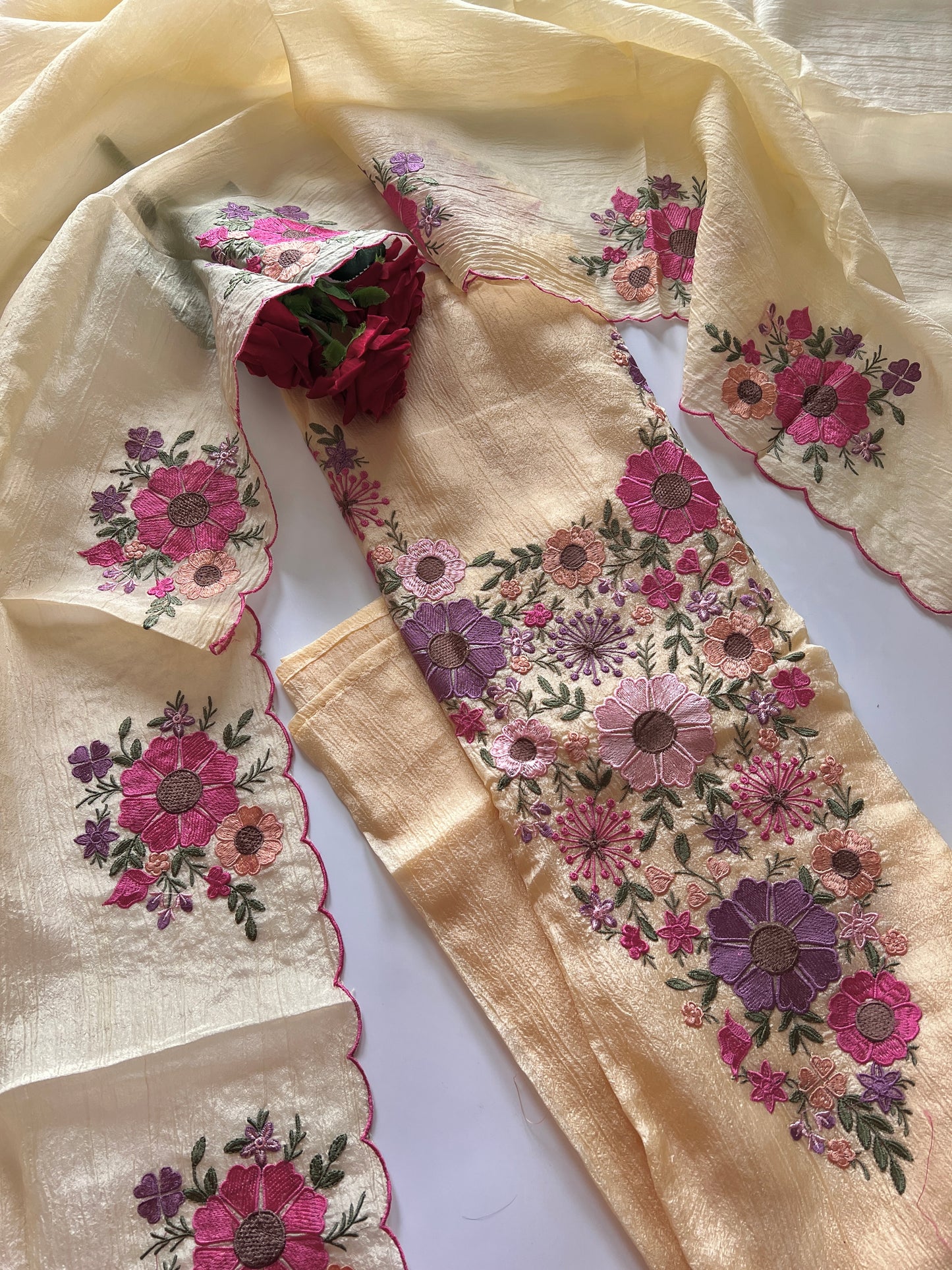 Yellow Sunflower Embroidery Crush dress material unstitched
