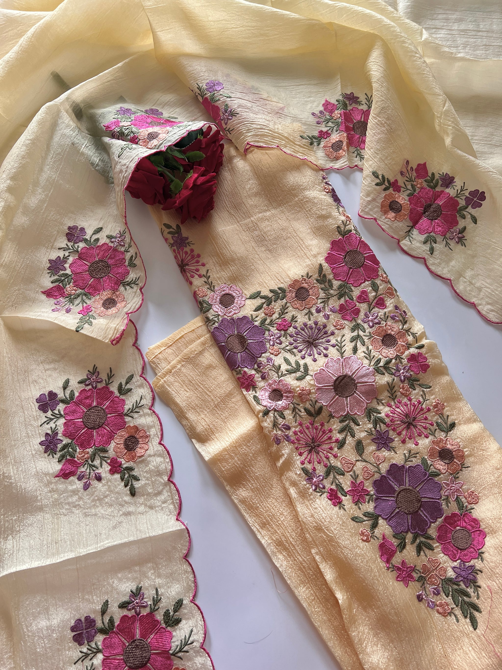 Yellow Sunflower Embroidery Crush dress material unstitched
