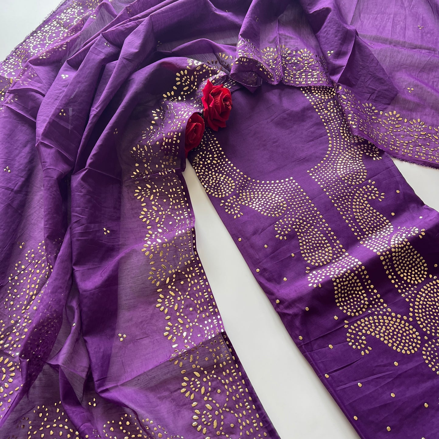 Purple Mul Chanderi dress material with mukaish -Paisley