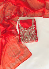 Mirror work on Mul Chanderi dress material with mukaish work dupatta
