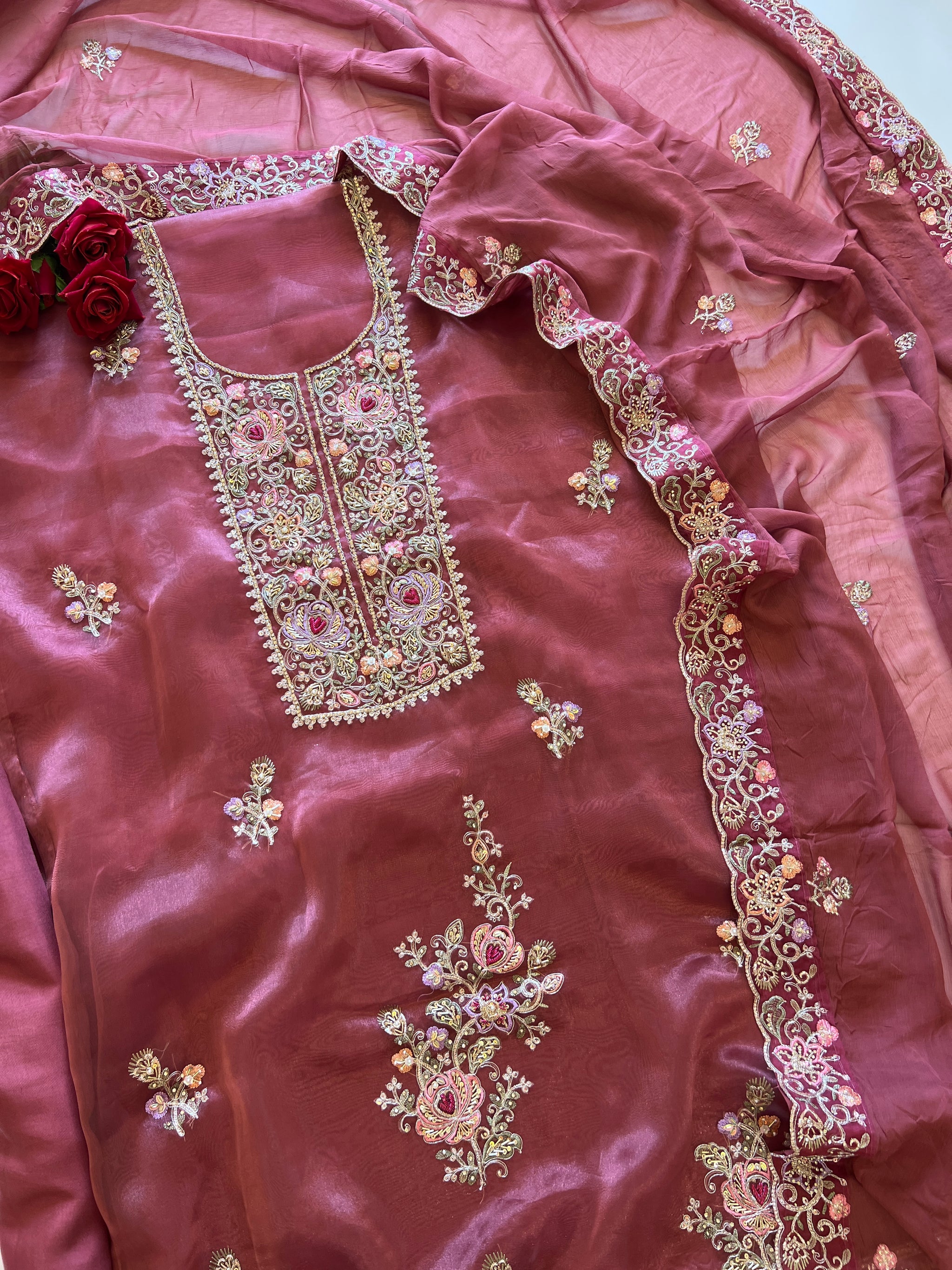 Tissue partywear embroidered suit set unstitched