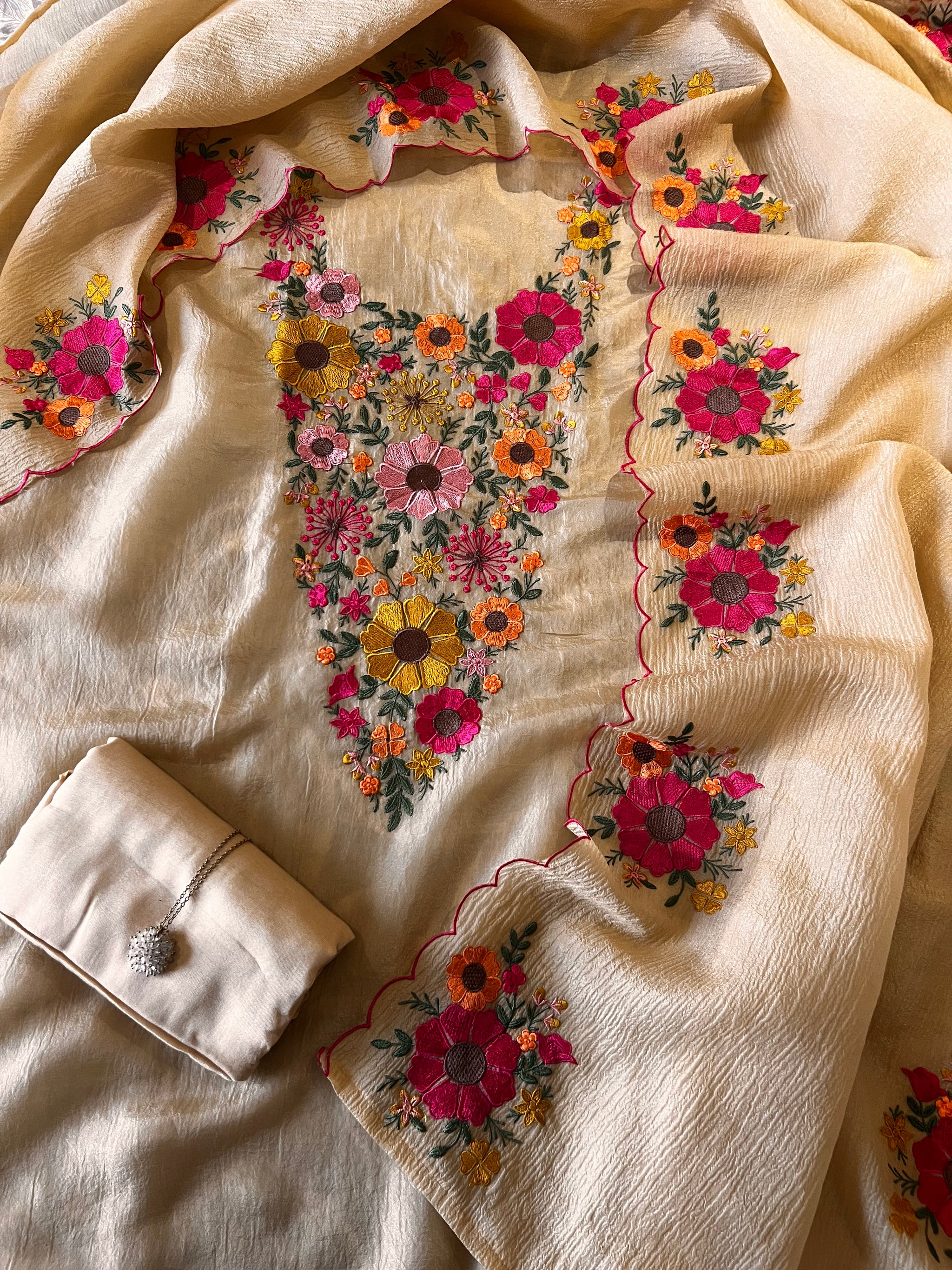 Sunflower Embroidery Crush tissue Silk Dress material