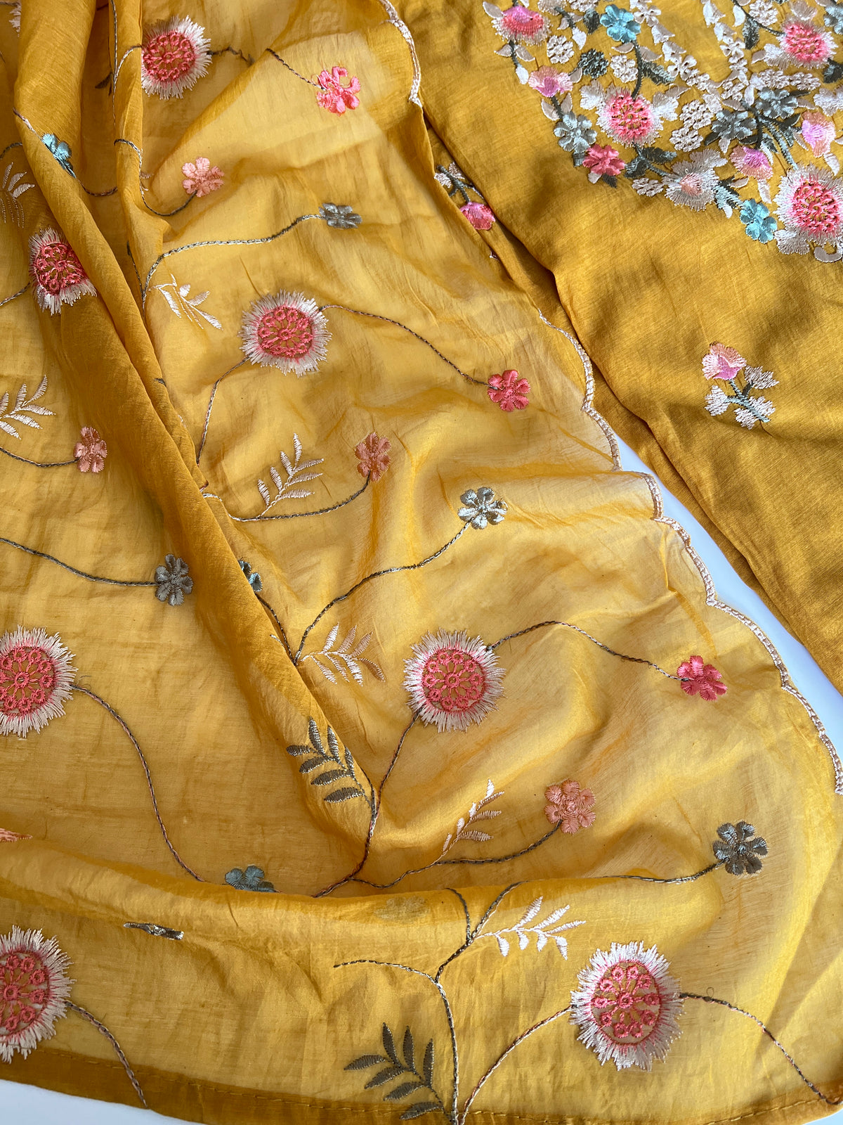 Yellow Mul chanderi full embroidery dupatta thread work unstitched suit