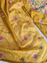 Yellow Mul chanderi full embroidery dupatta thread work unstitched suit