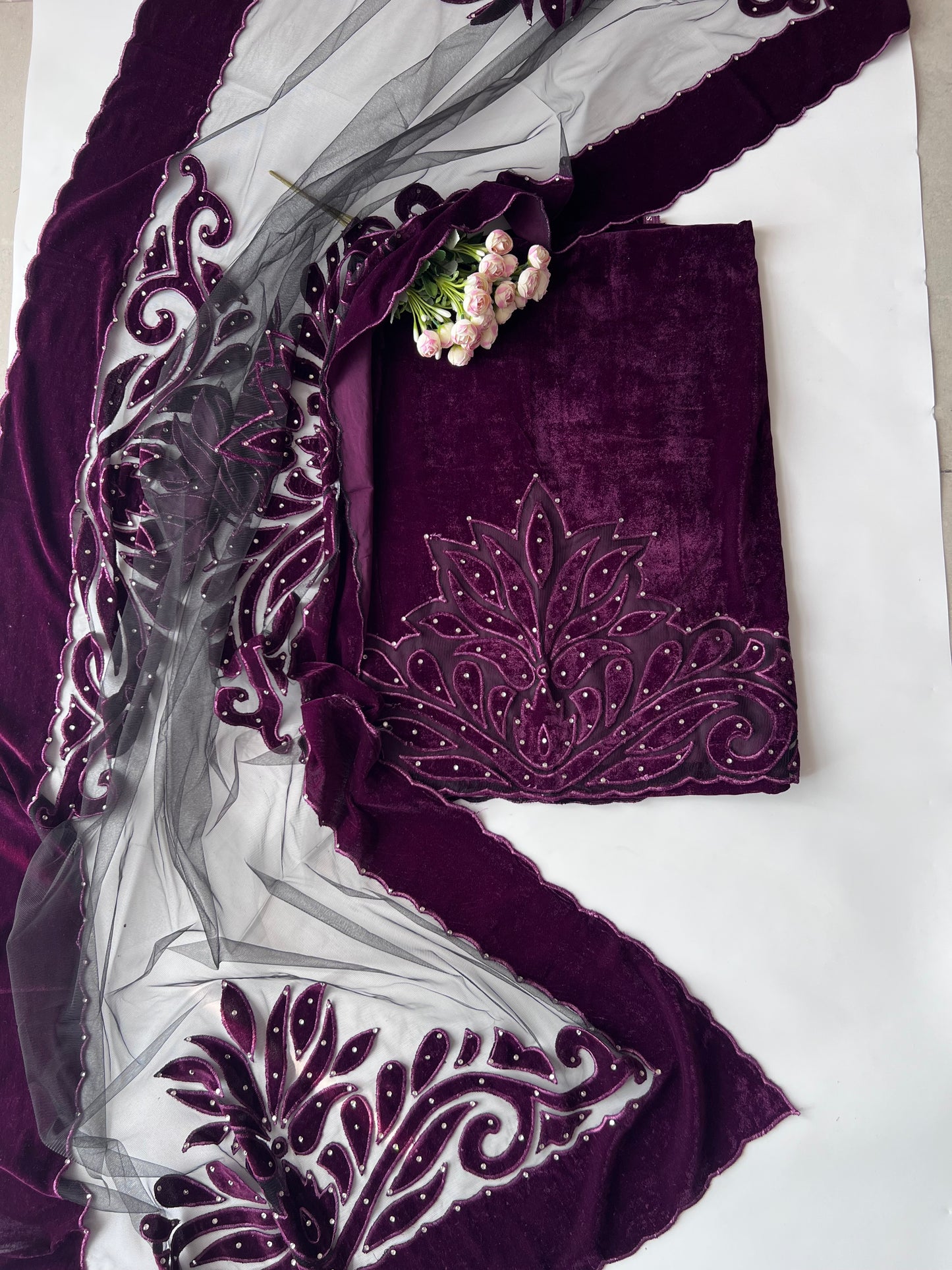 Wine color Velvet cut work designer party wear unstitched suit set