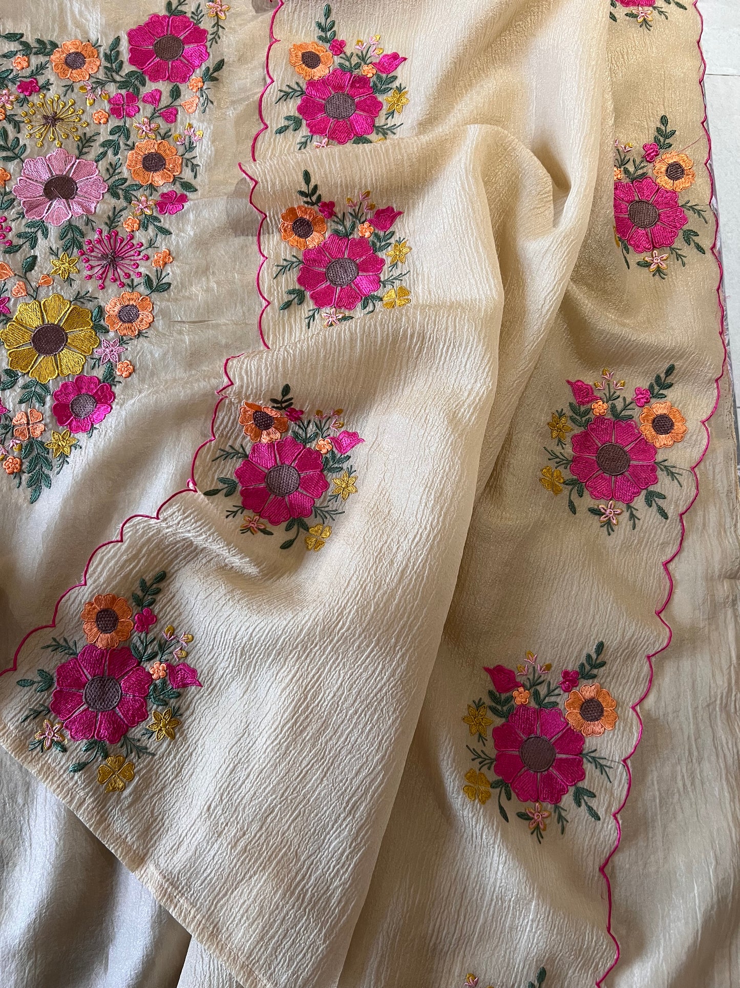 Sunflower Embroidery Crush tissue Silk Dress material