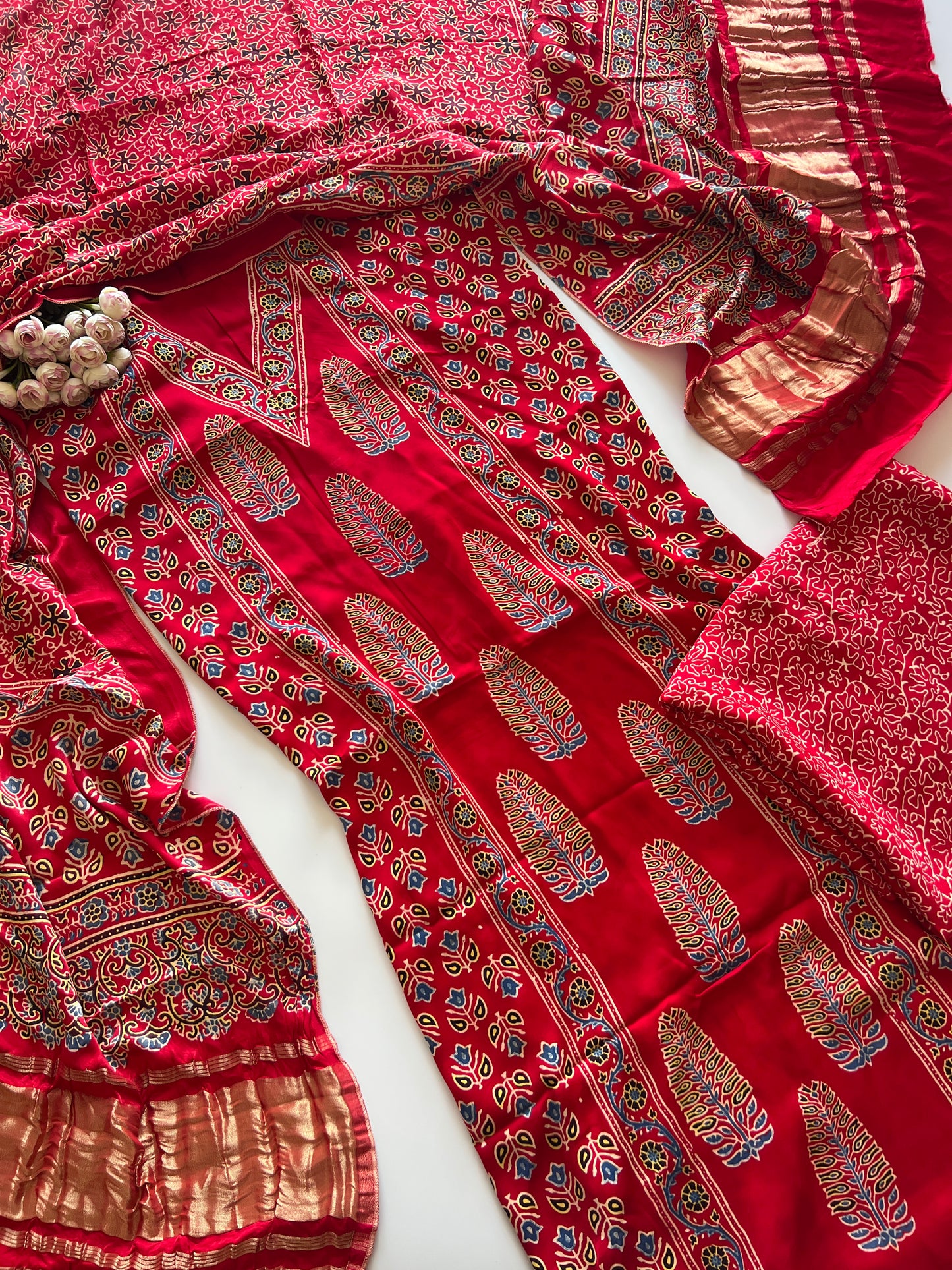 Red Ajrakh Handblock print 3 pc fabric Unstitched suit set