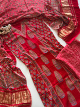Red Ajrakh Handblock print 3 pc fabric Unstitched suit set