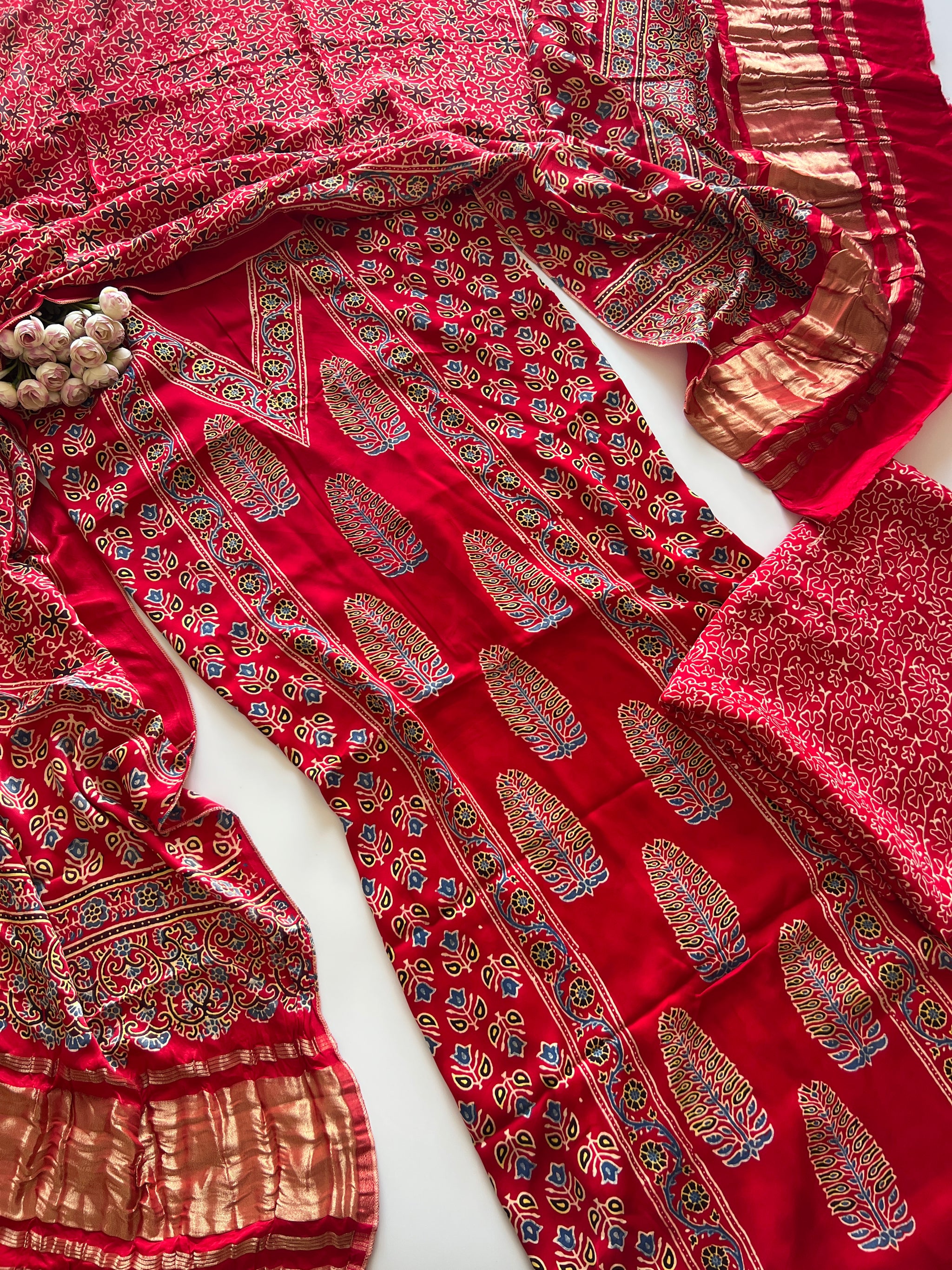 Red Ajrakh Handblock print 3 pc fabric Unstitched suit set