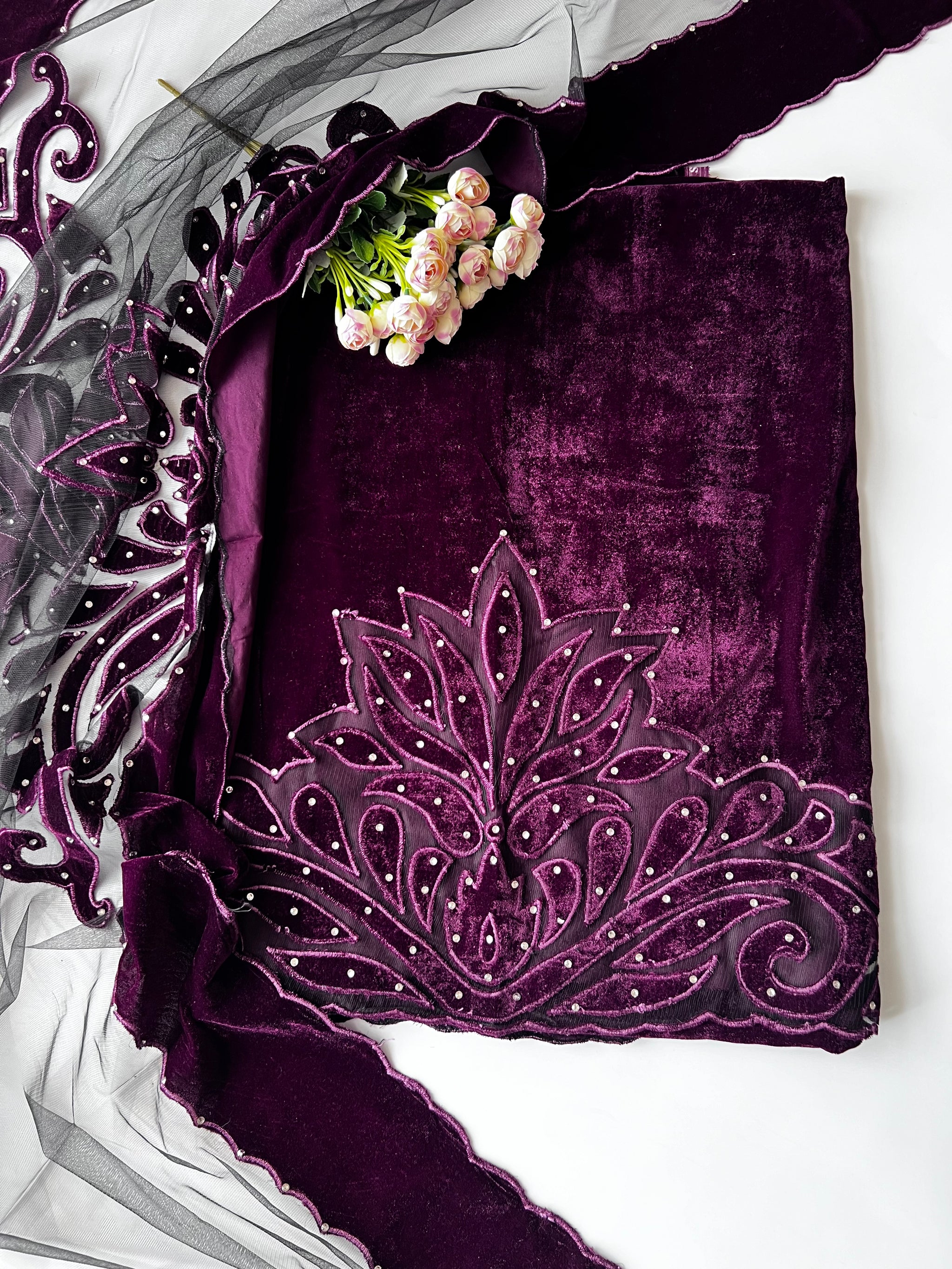 Wine color Velvet cut work designer party wear unstitched suit set