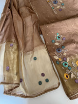Brown Floral Embroidery tissue Jamdani Dress material