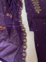 Purple Pitta with thread work on Mul Chanderi dress material - Unstitched Suit set