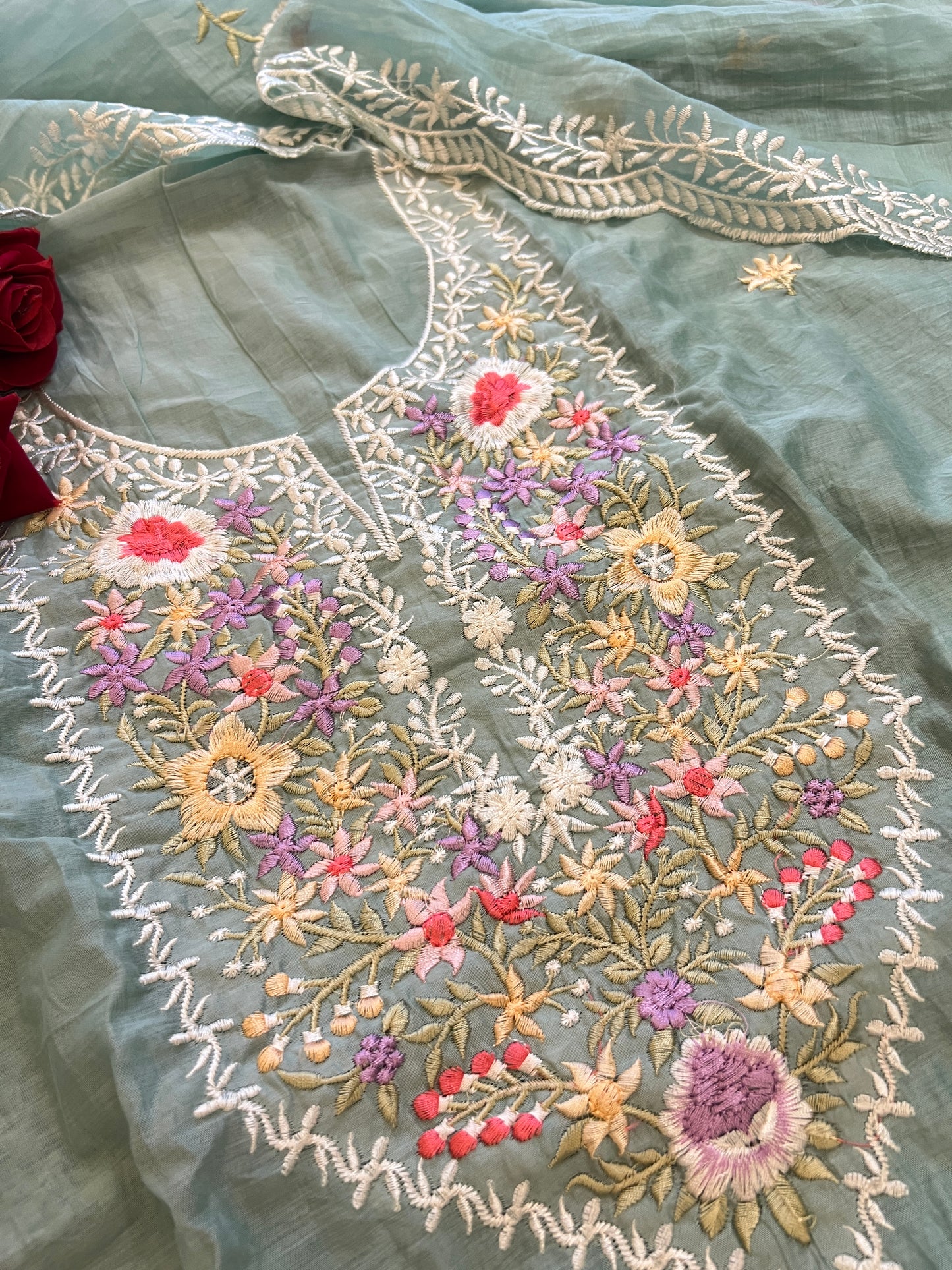 Blue Mul Chanderi Thread embroidered Unstitched Suit
