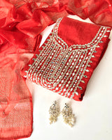 Mirror work on Mul Chanderi dress material with mukaish work dupatta