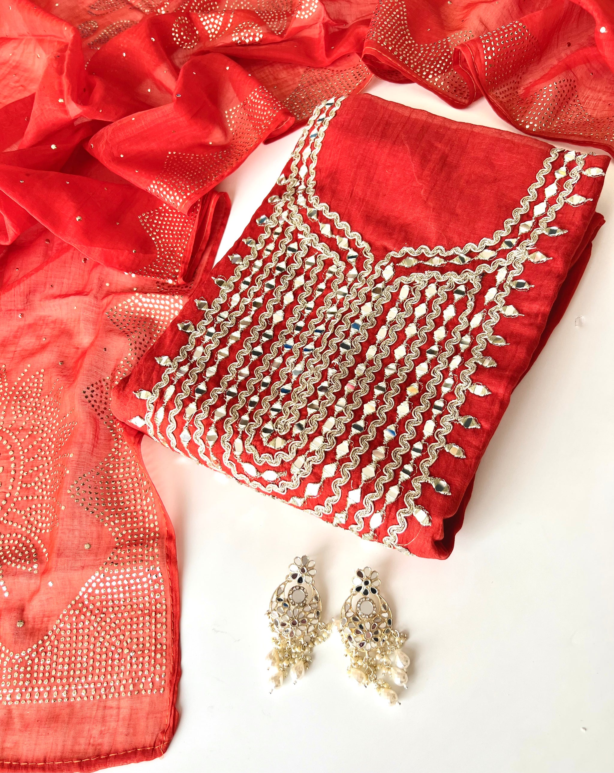 Mirror work on Mul Chanderi dress material with mukaish work dupatta